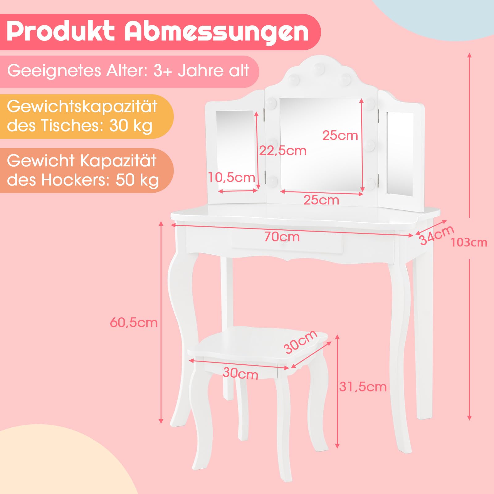 COSTWAY 2 in 1 Kinder Schminktisch mit Beleuchtung, Frisiertisch mit LED-Leuchten, klappbarem Spiegel & Schubladen, Kosmetiktisch Prinzessin für Kinder Mädchen(Weiß)