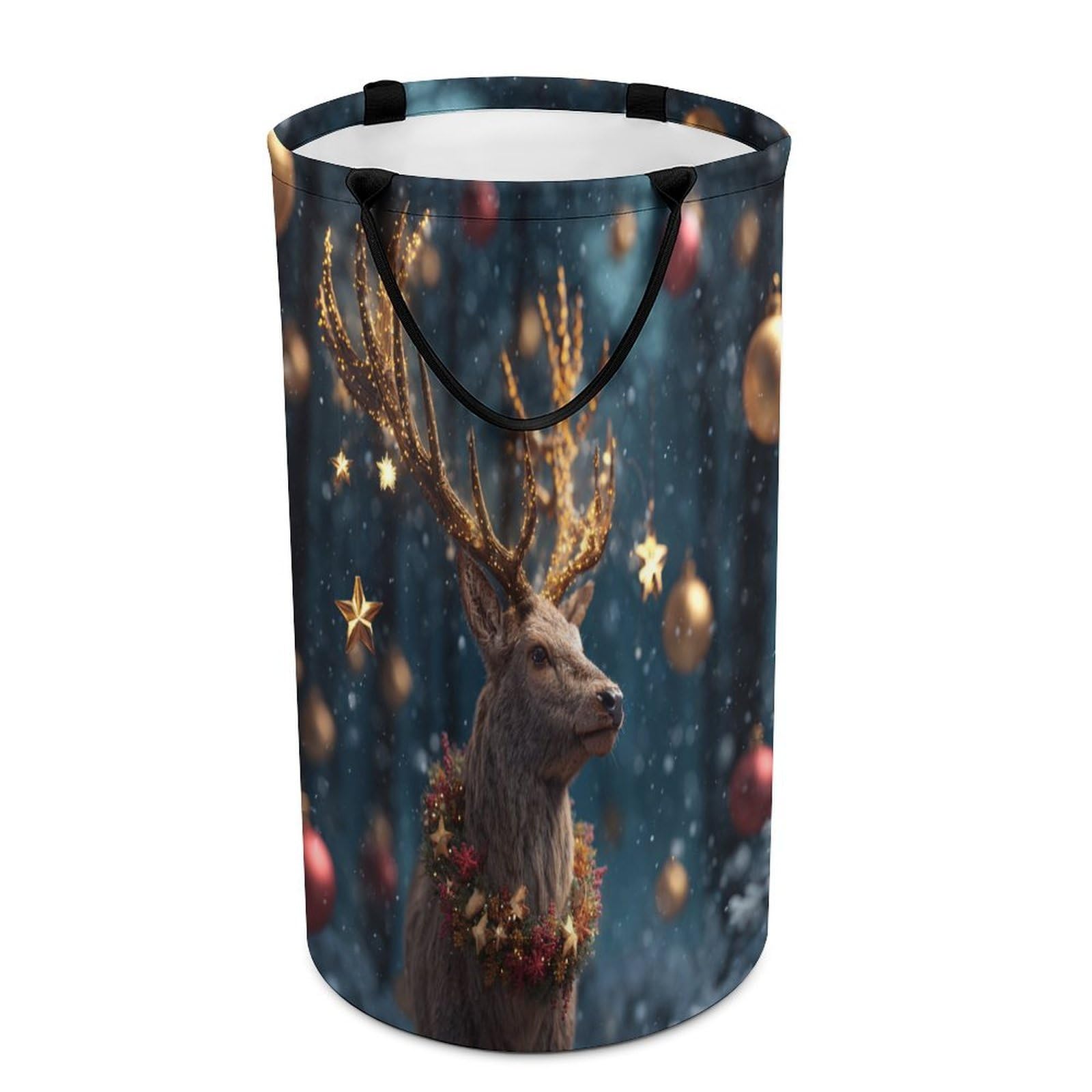 LUYYSKY Fantasy Realistic Animal Deer Versatile Storage Laundry Basket, Beautiful Classic Merry Christmas Winter Snowy Scenery Wildlife Elk Large Bathroom Hamper With Handle-40 CM Dia, 69 CM High