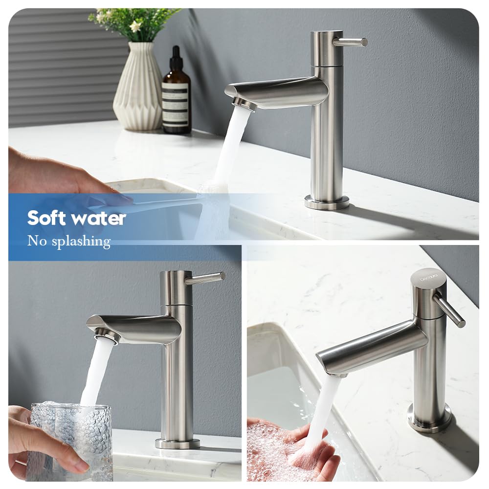 Decaura Grifo de agua fría para invitados, grifo de baño solo agua fría, monomando, grifo de lavabo, acero inoxidable cepillado