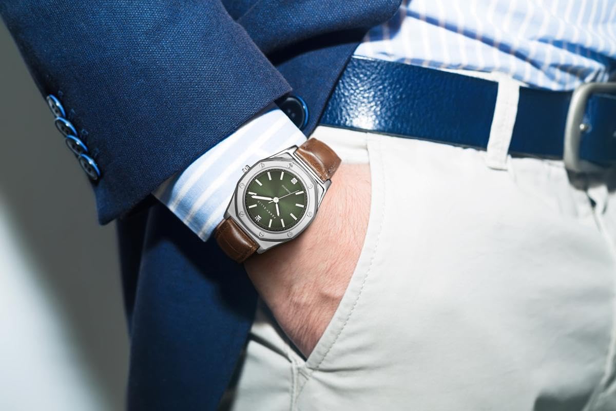 Perry Ellis Ultra Slim Diamond Men’s Watch – Octagon Green Sunray Dial, Brown Leather Strap, Silver Finish, Water-Resistant