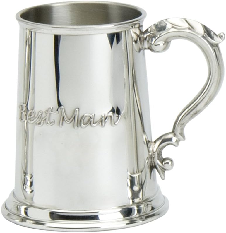 Edwin Blyde & Co 1 Pint Tankard with Solid Metal Base-Embossed with Best Man-Georgian Handle, Pewter, 11 x 14.5 x 11 cm