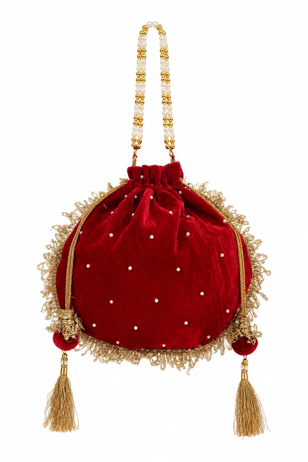 Red Velvet Potli Bag with Pearl Embellishments & Gold Tassels-image-42
