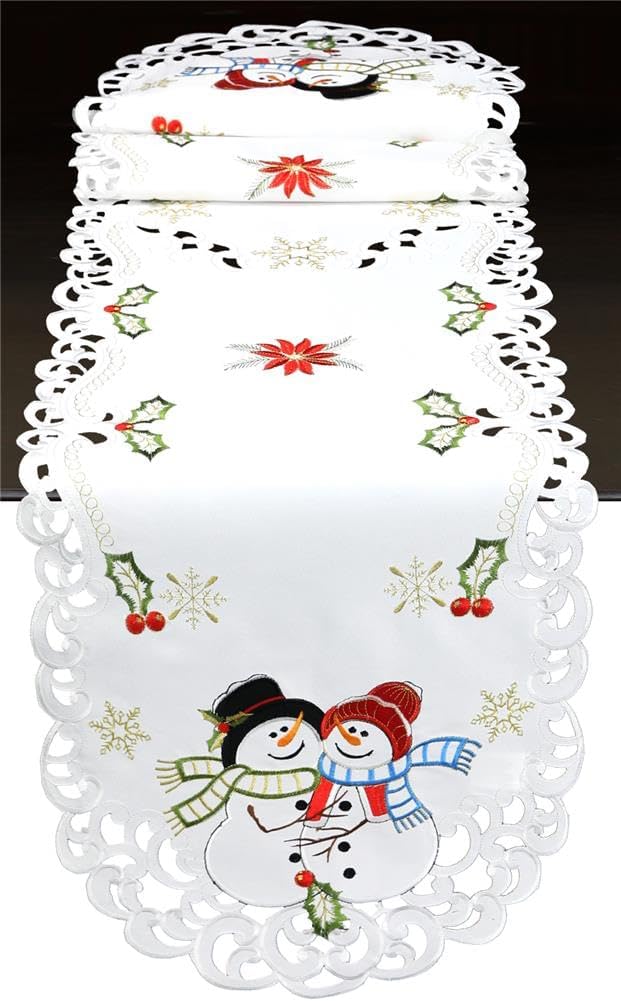 Creative Linens Holiday Christmas Tablecloth 52” Round Embroidered Snowman Snowflake Poinsettia Winter Table Topper White