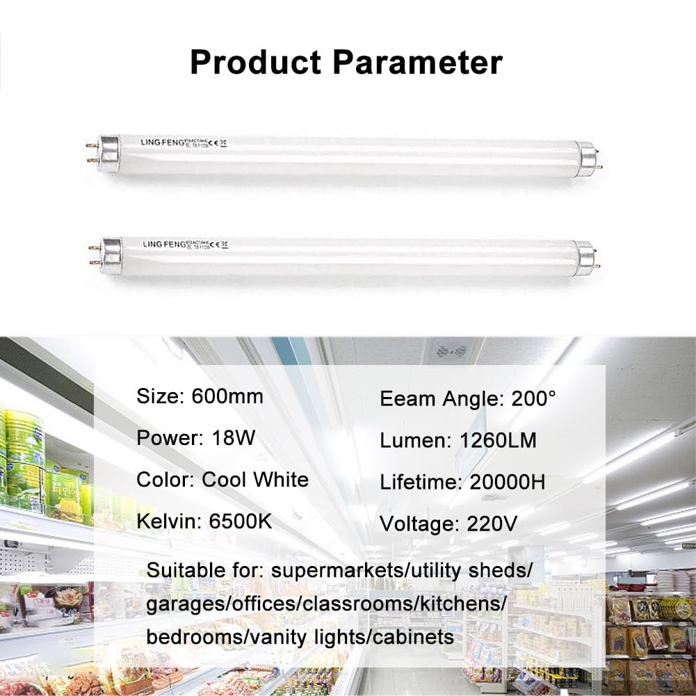 generico 2 Pezzi T8 Tubi Fluorescenti Da 600mm 18W, Attacco G13, T8 Bianco Freddo 6500K, Luce a Basso Consumo Energetico, Luce Di Emergenza a Risparmio Energetico, per Cucina, Bagno, Armadio, Garage