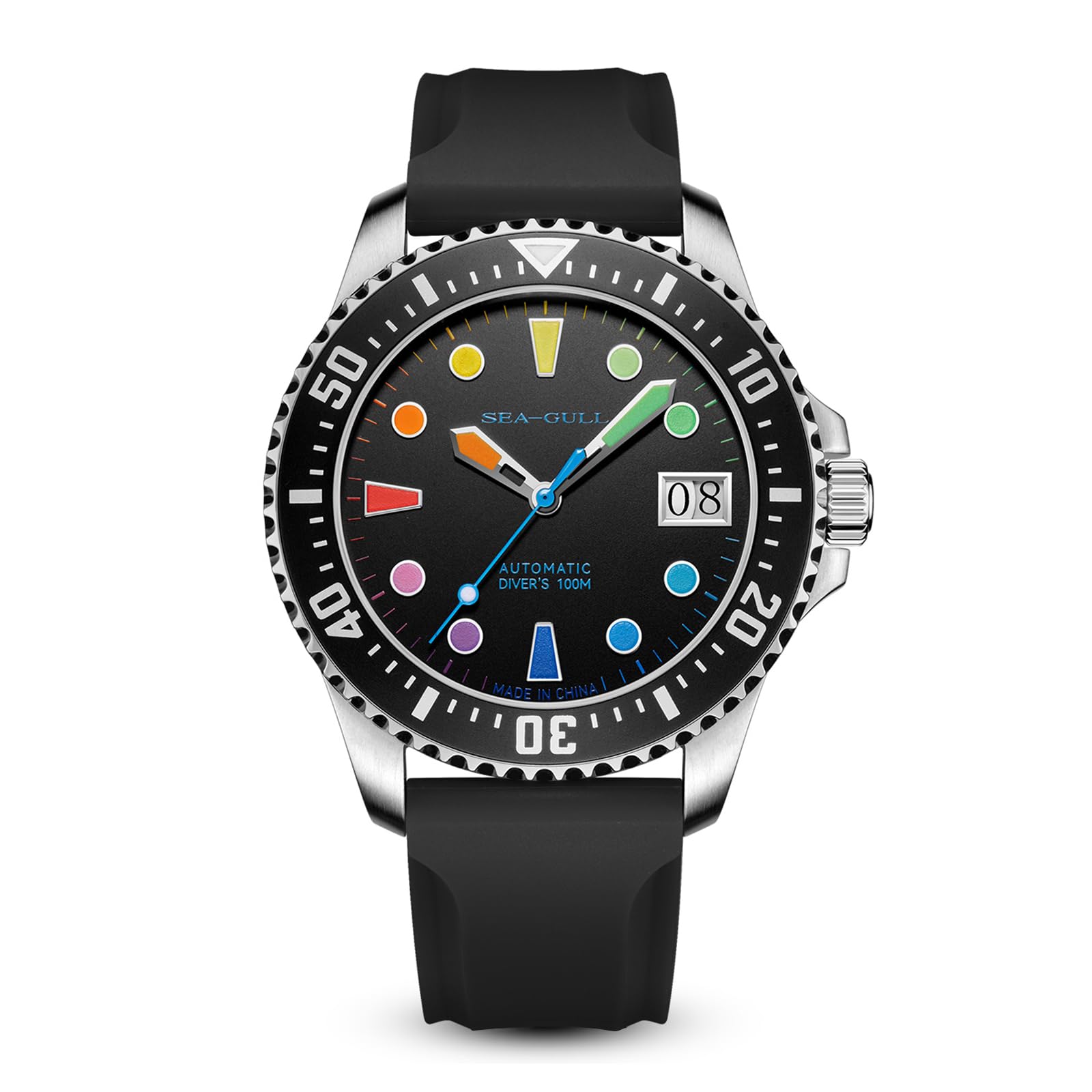 SEA-GULL Automatische Taucheruhr für Herren, 100 m wasserdicht, mechanische Armbanduhr mit bunten Markierungen, synthetisches Saphirglas, Silikonband