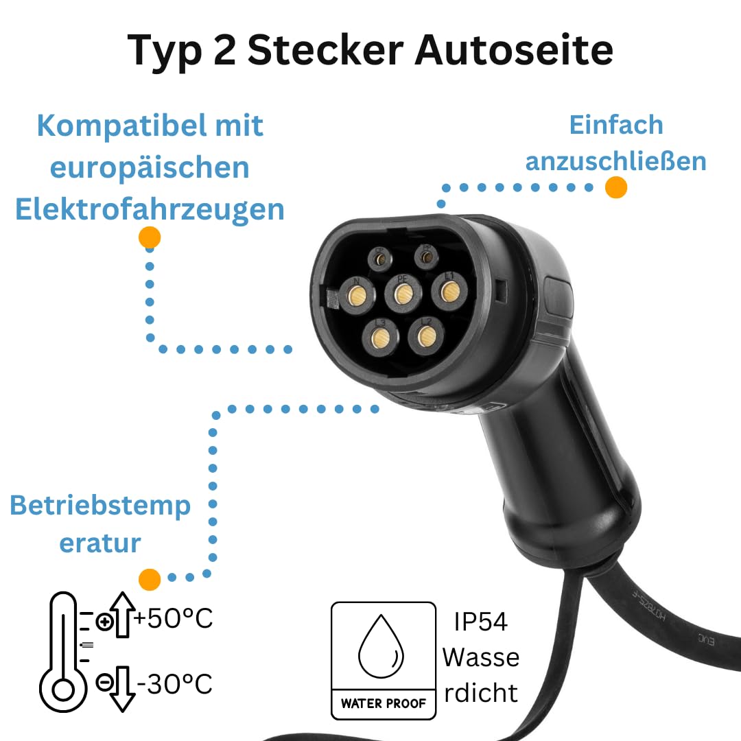 Cable de Carga Tipo 2 para Coches eléctricos, 16 A, 3 Fases, 3 m Espiral, solución de Recarga VE Duradera y Flexible