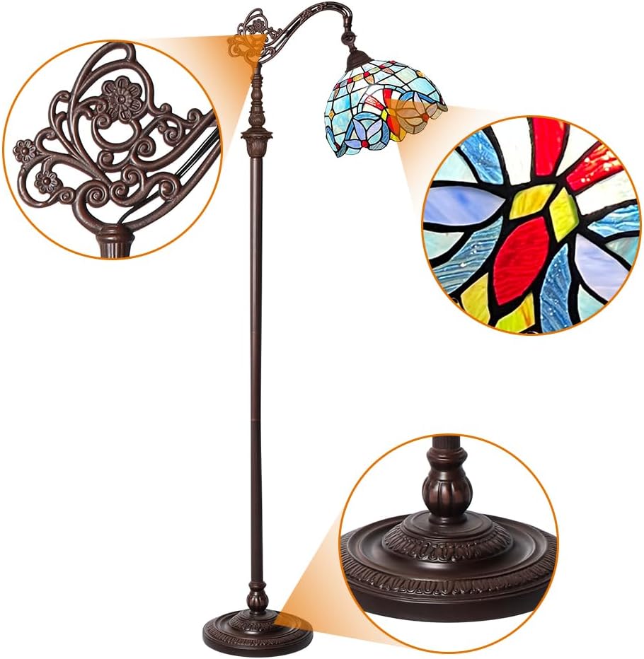 Capulina Tiffany Lamp Stained Glass Floor Lamp 62 Inches Tall Antique Victorian Soft Light Arched Adjustable Angle Tiffany Style Reading Lamp for Living Room Bedroom Home Office
