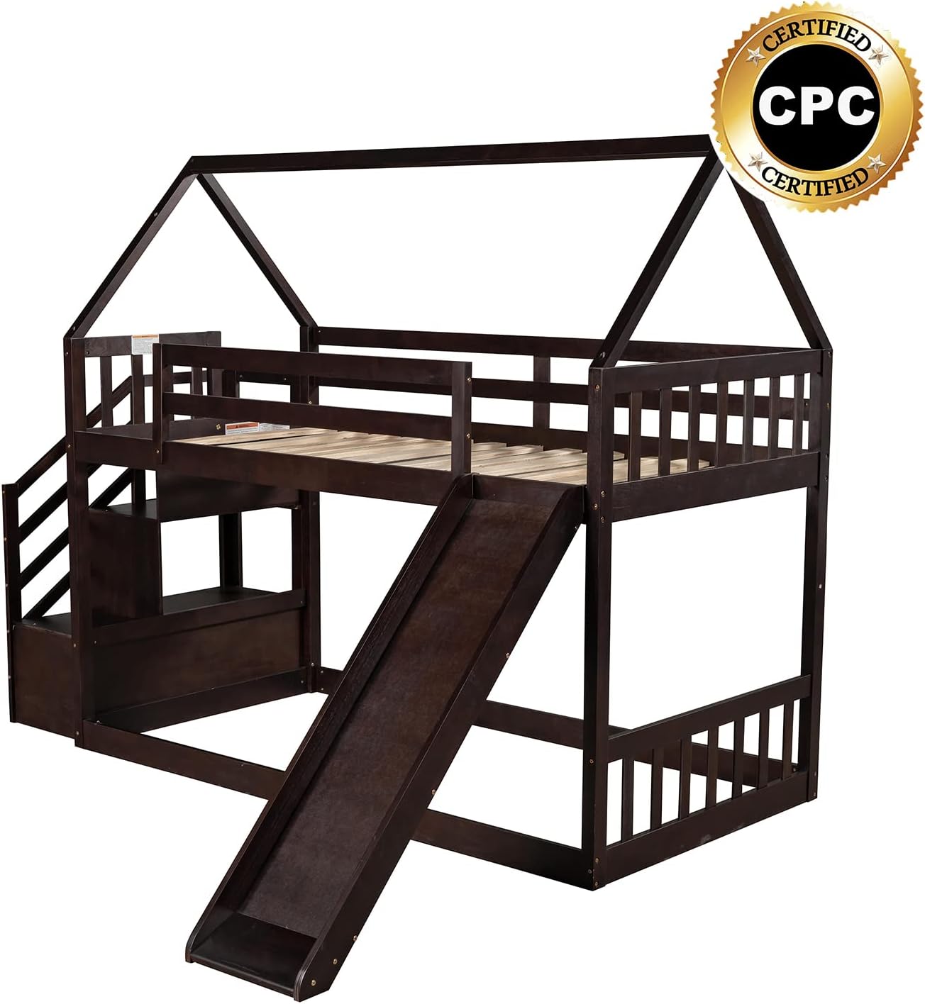 Bellemave House Bunk Beds with Stairs and Slide Twin Over Twin Solid Wood Low Bunk Bed for Kids Toddlers Girls/Boys, Espresso