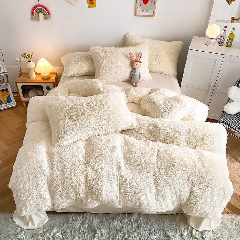 Roscloud Faux Fur Kids Girls Milky White Comforter Sets Twin/Full – 3PC Bed Set Warm Comfortable Soft Plush Flannel Velvet Fluffy Fuzzy Bedding(Comforter x 1 Pillowcases x 2)