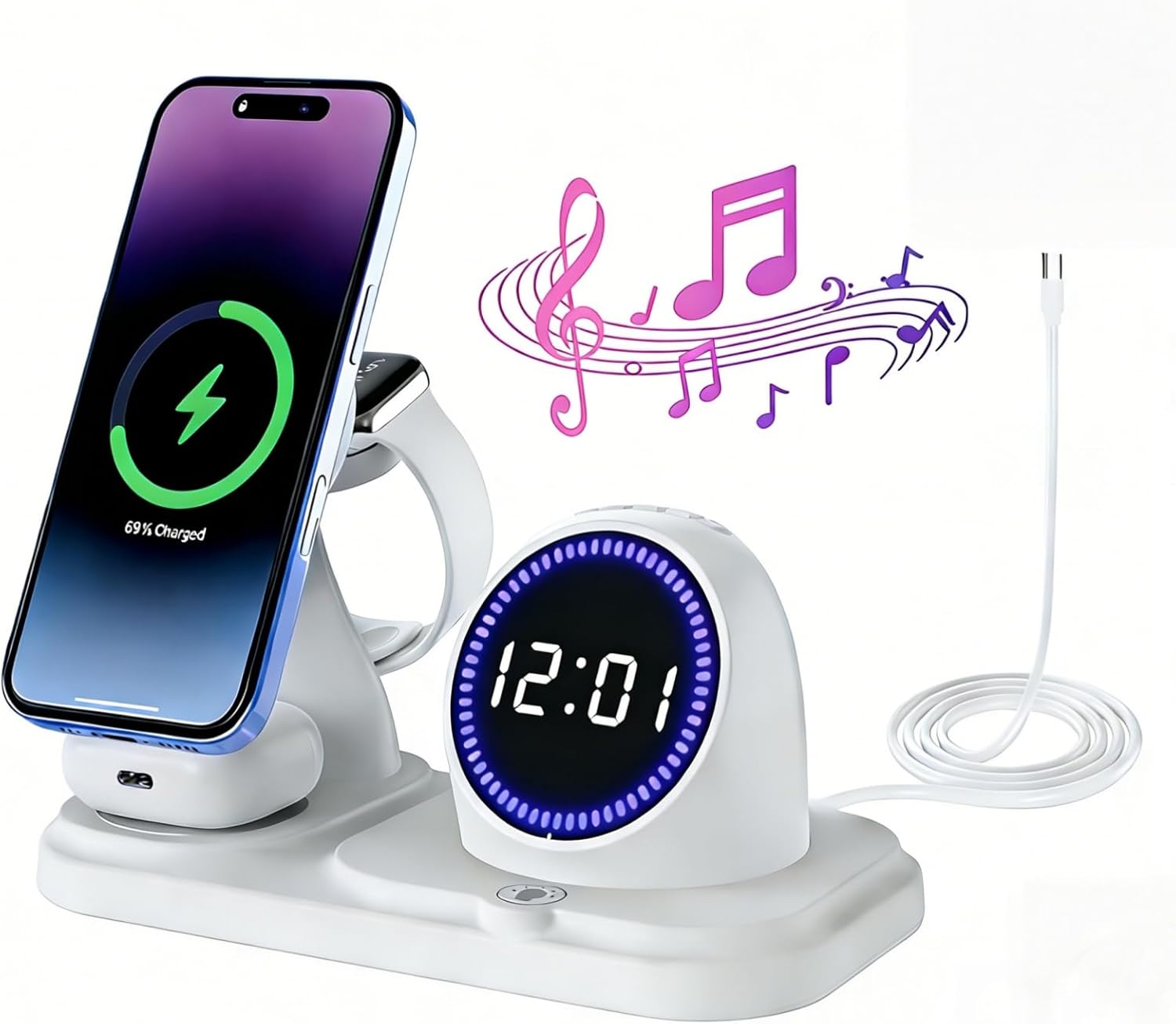 6 in 1 Wireless Charger i-Phone Charging Station: Stand for Multiple Devices for Apples - Compatible i-Phone 17 16 15 14 13 Pro Max Apples Watch Airpods, Design with Wireless Speaker & Clock (White)