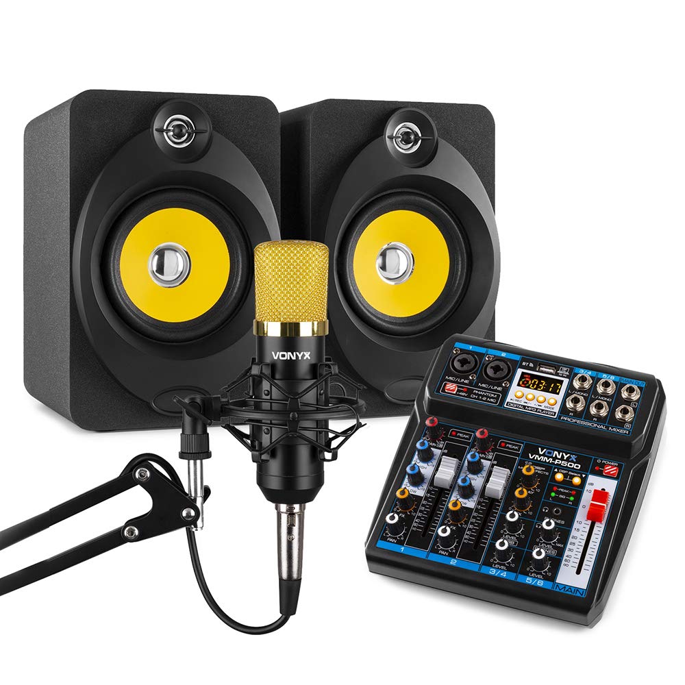 VONYXXP-50 Desktop Speakers, VMM-P500 USB Mixer Interface with CMS400B Microphone Set, Podcast Gamer Broadcast Live Streaming Kit