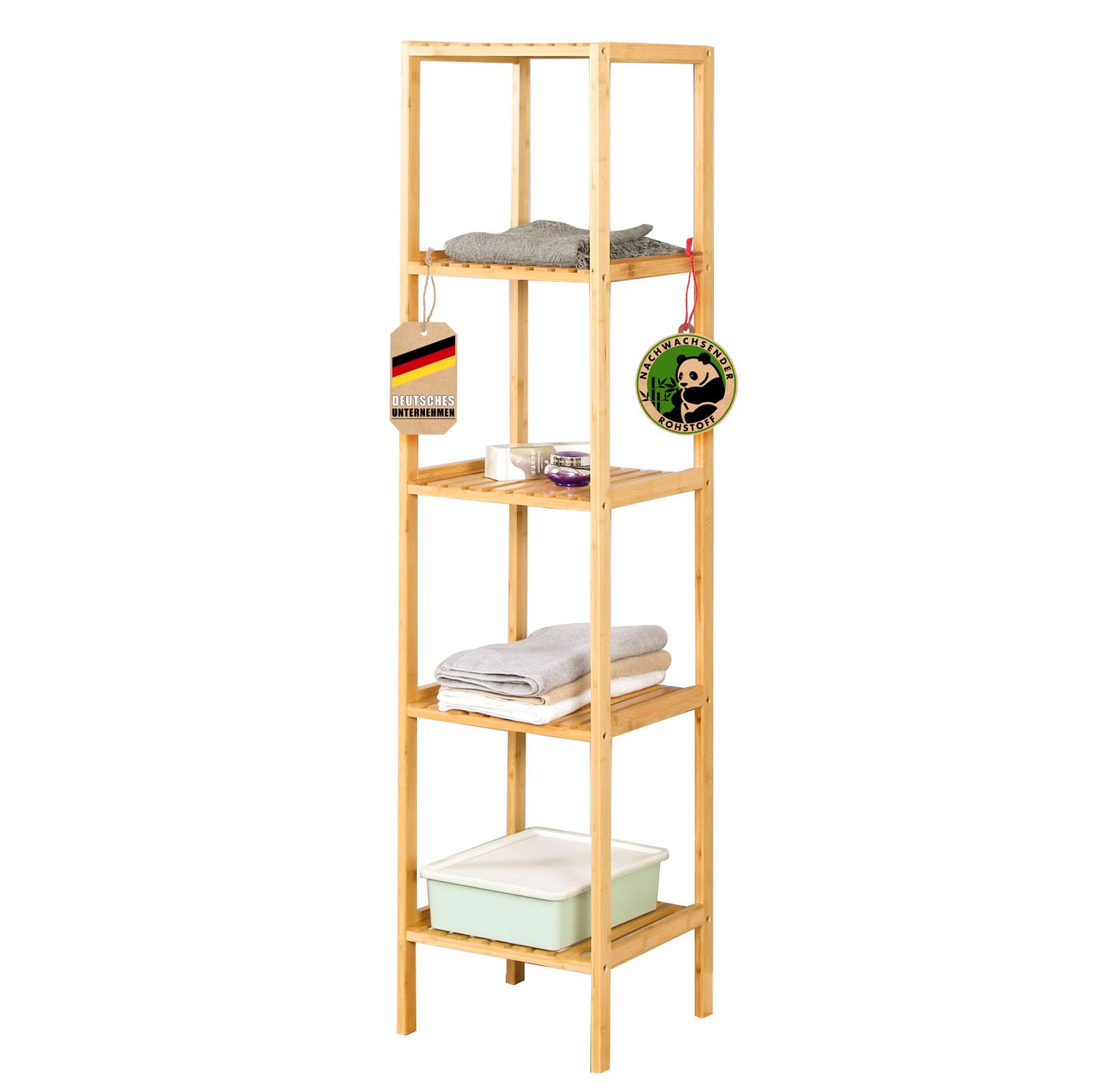 Floordirekt Bambus Regal, schmales Standregal für Badezimmer, Schlafzimmer, Wohnzimmer, Holzregal mit 3/5 Etagen, Regal Größe 34 x 33 x 146 cm (Lowa) (5 Etagen)