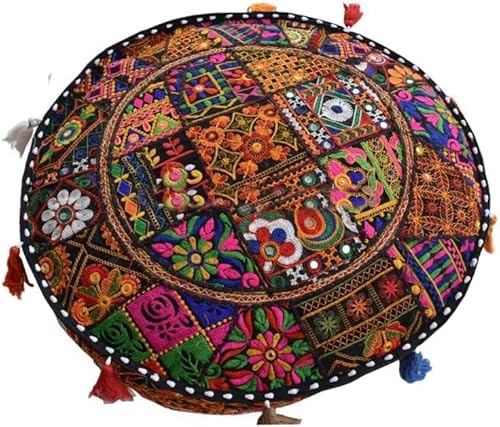 Arprani Indian Pouf Footstool Ethnic Embroidered Pouf Cover, India Cotton Round Pouffe Ottoman Pouf Cover Pillow Ethnic Decor Art-Cover Only-Indian Ottoman poufs