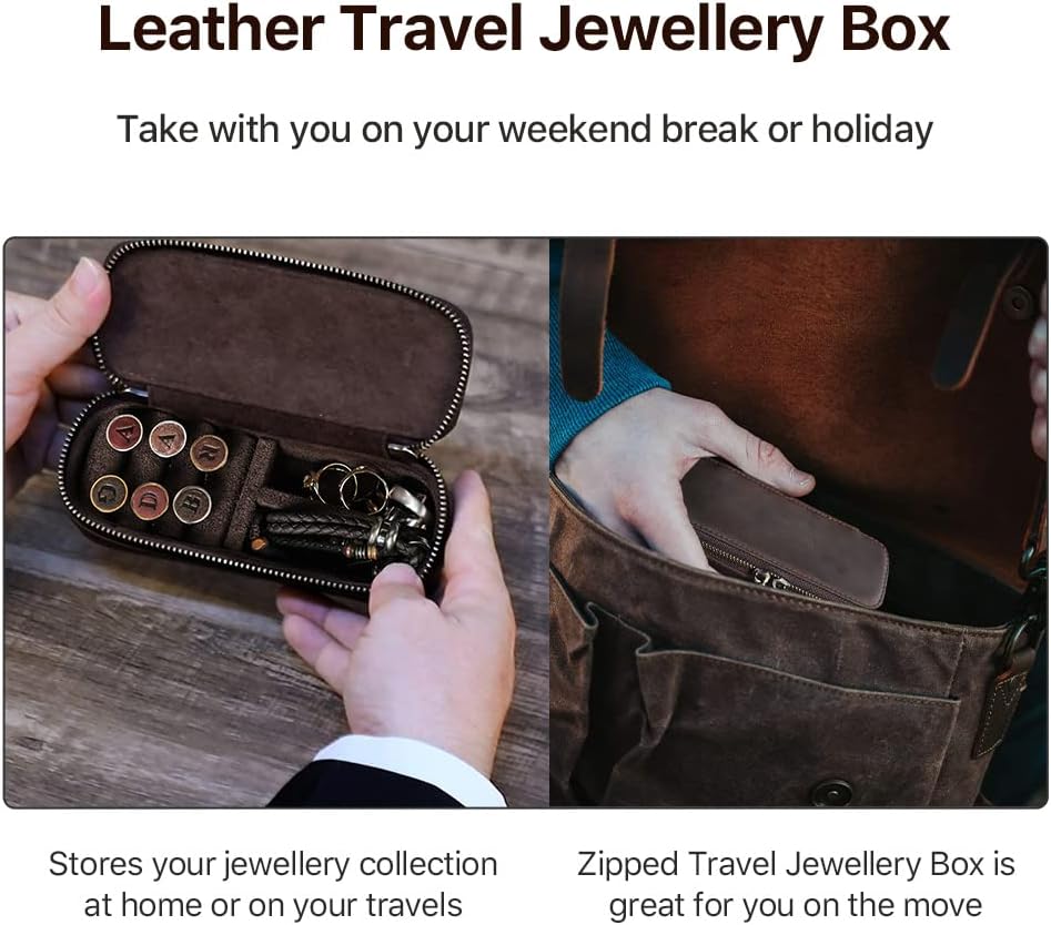Hiram Genuine Leather Jewelry Box Case, Crazy Horse Cowhide Leather Travel Jewelry Box Case, Double Metal Zippers Travelling Box for Rings,Cufflinks and Jewelry