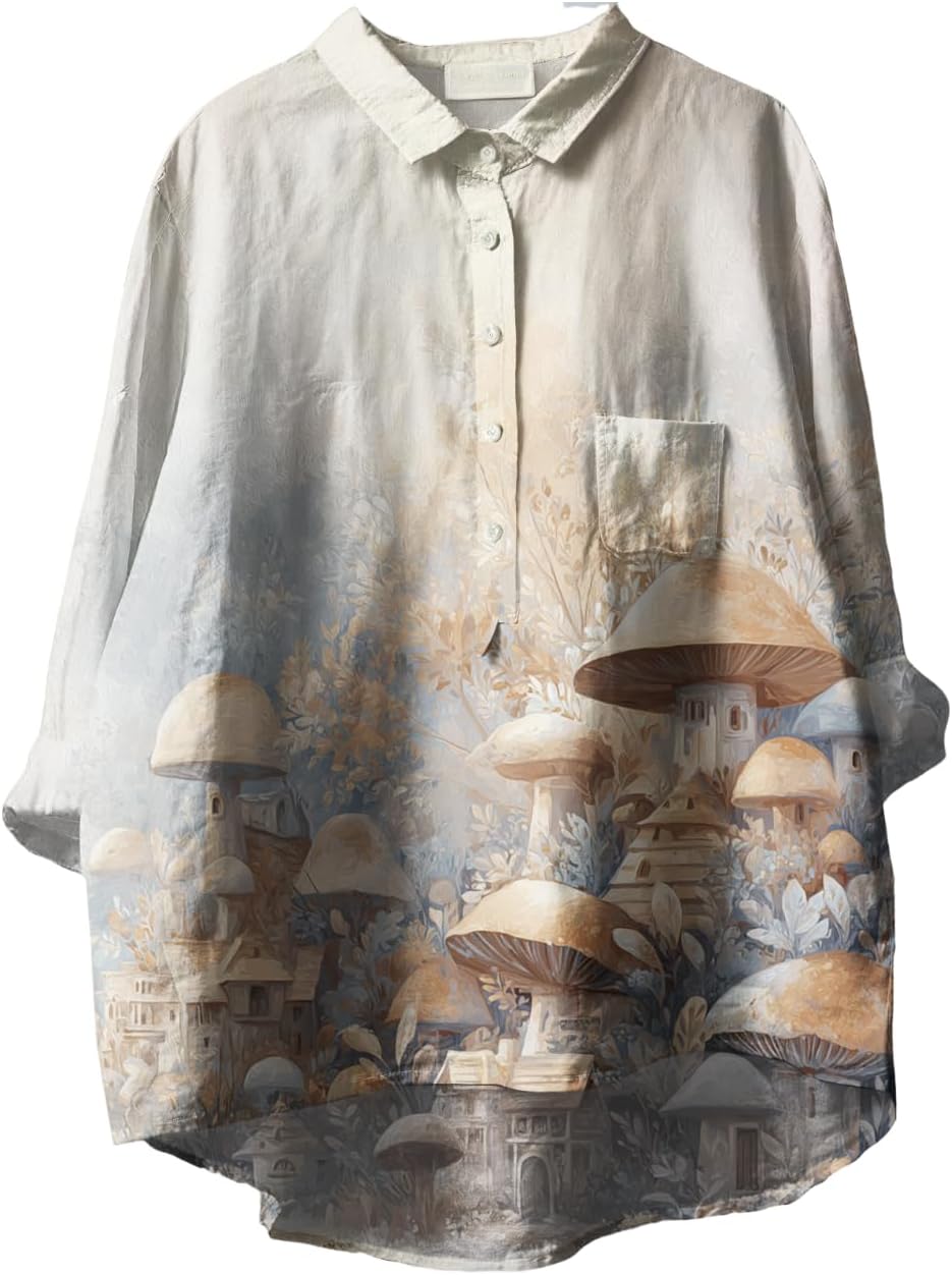 Womens Floral Boho Blouses 3/4 Sleeve Button Down Shirt Oversize Funny Graphic Casual Fall Tunic Tops Plus Size