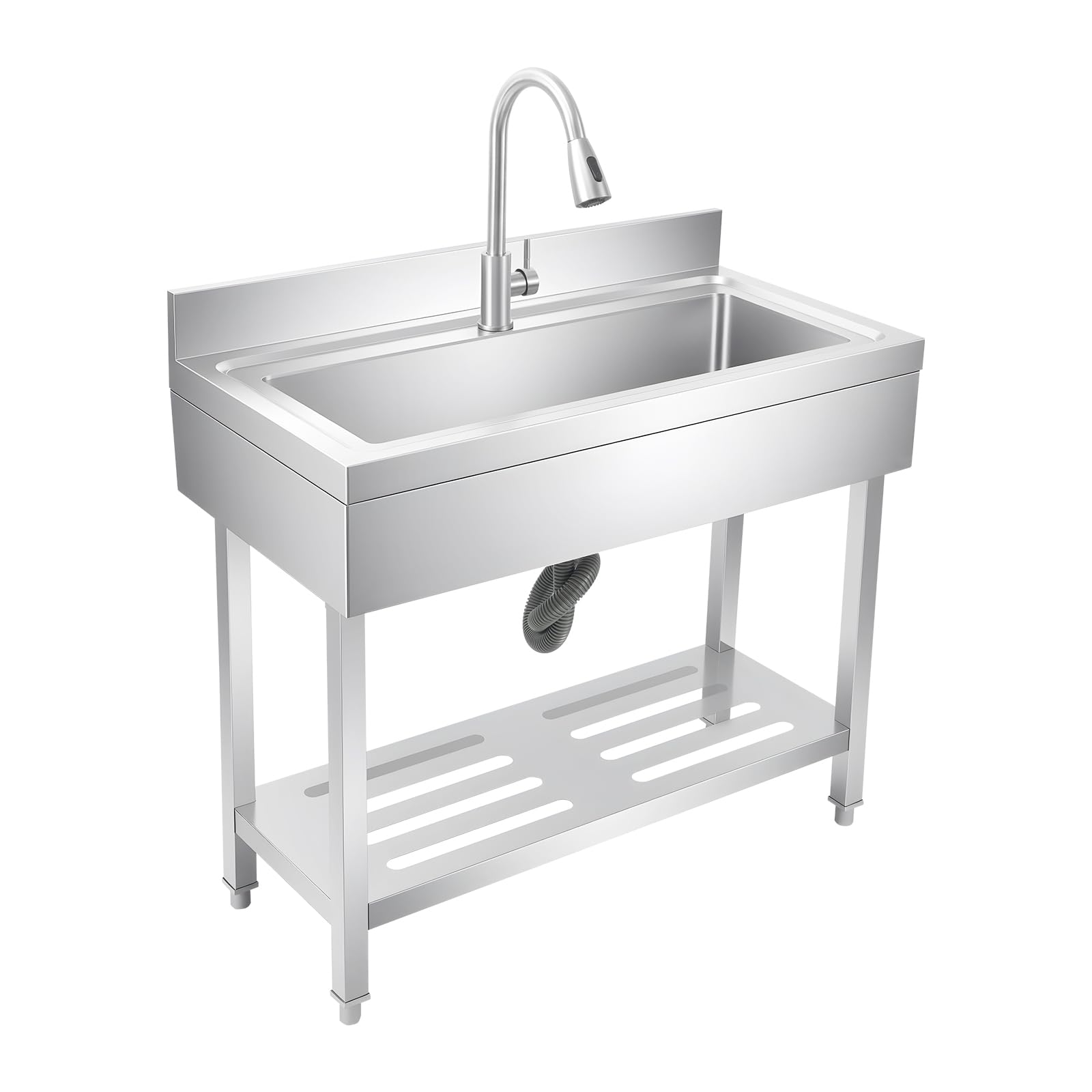 stainless steel utility sink, freestanding single bowl laundry sink with 360° pull-out faucet, adjustable feet & storage shelf for kitchen laundry room farmhouse indoor and outdoor, 39" x 20" x 31.5"