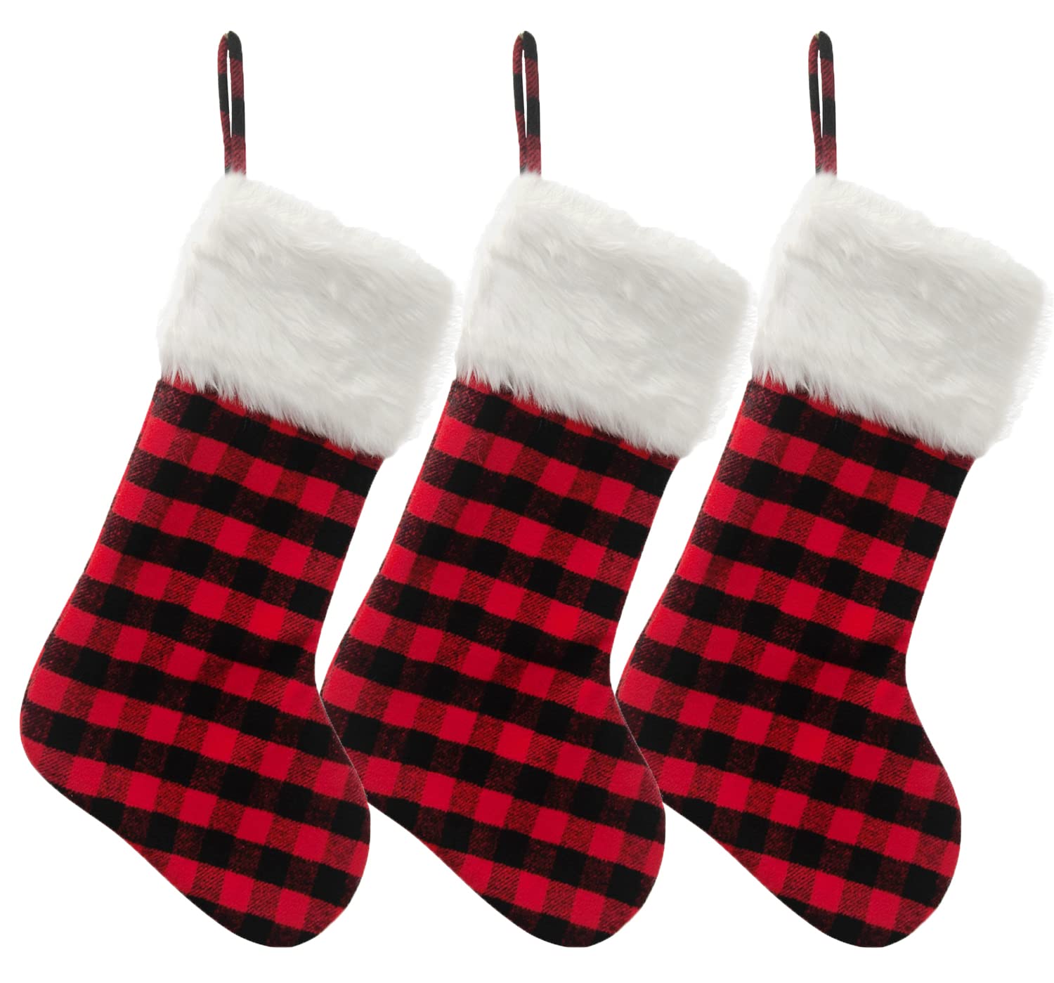 AISENO3 Pack 20 Inch Buffalo Plaid Christmas Stockings with Snowy White Faux Fur Hanging Ornaments Black Red Plaid Candy Gift Bags Decorations