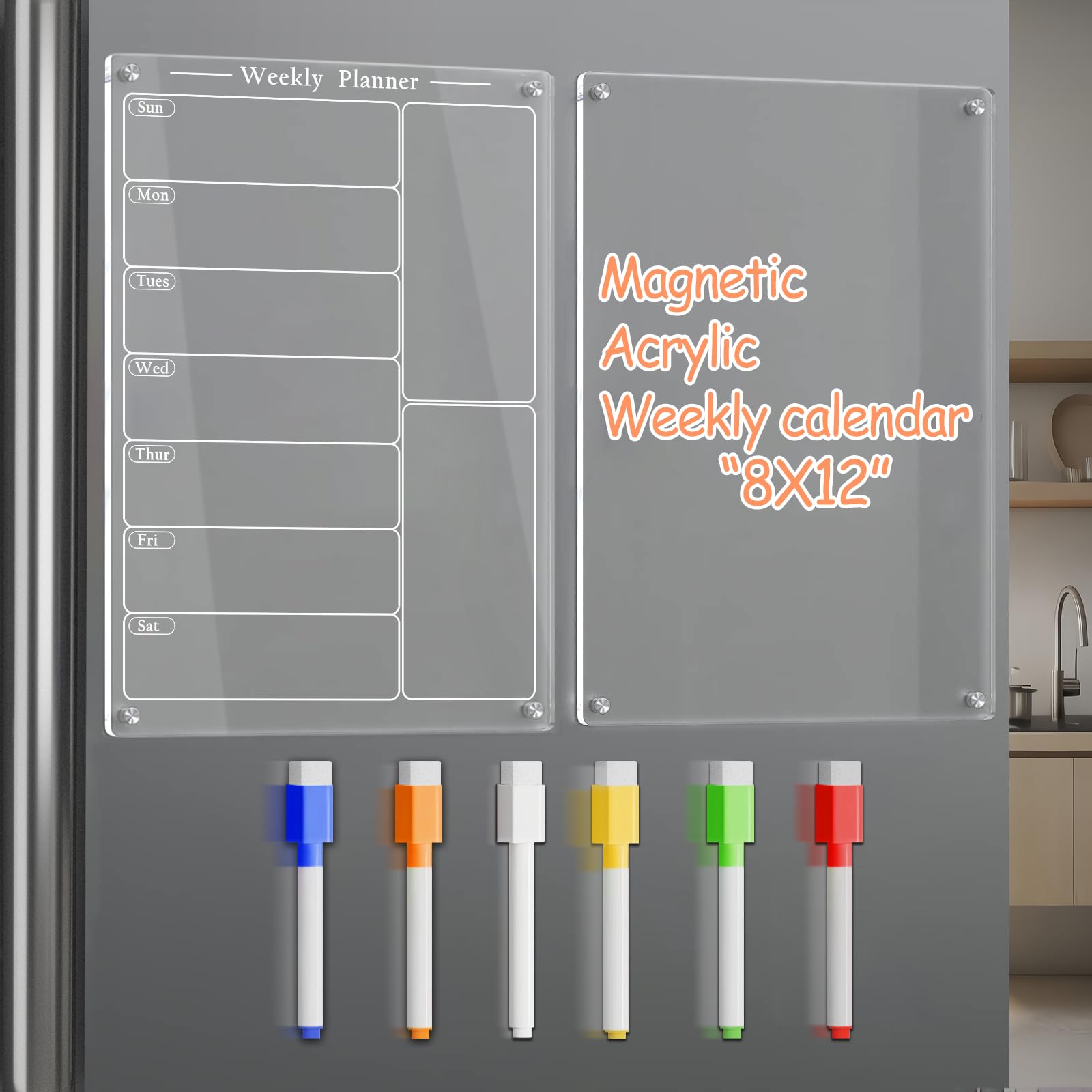 Latouni 2-Piece Acrylic Magnetic Menu Board for Kitchen, Weekly Calendar for Fridge, Dry Erase Board for Refrigerator, Clear Meal Planner with 6