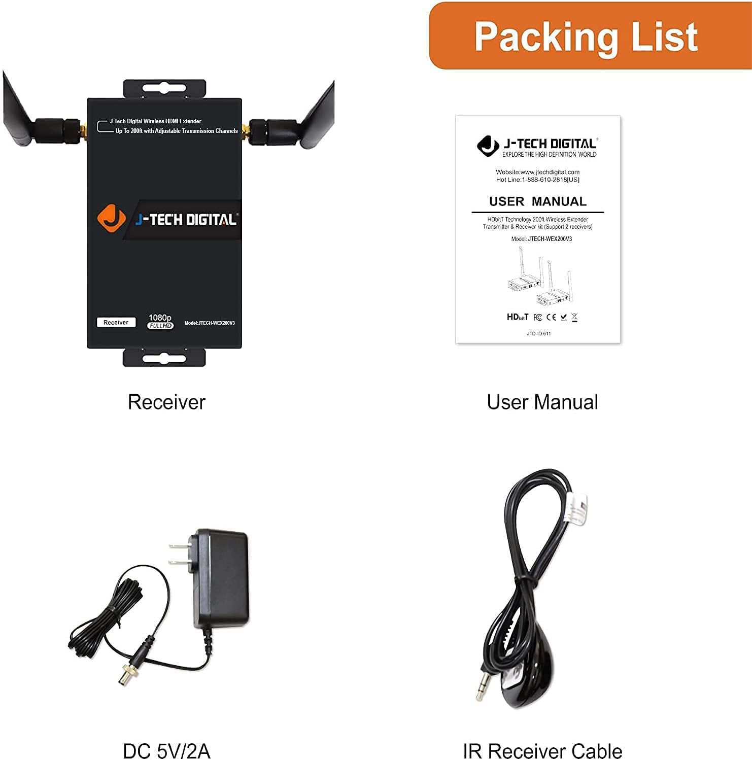 Contents of the J-Tech Digital Wireless HDMI Extender Receiver package