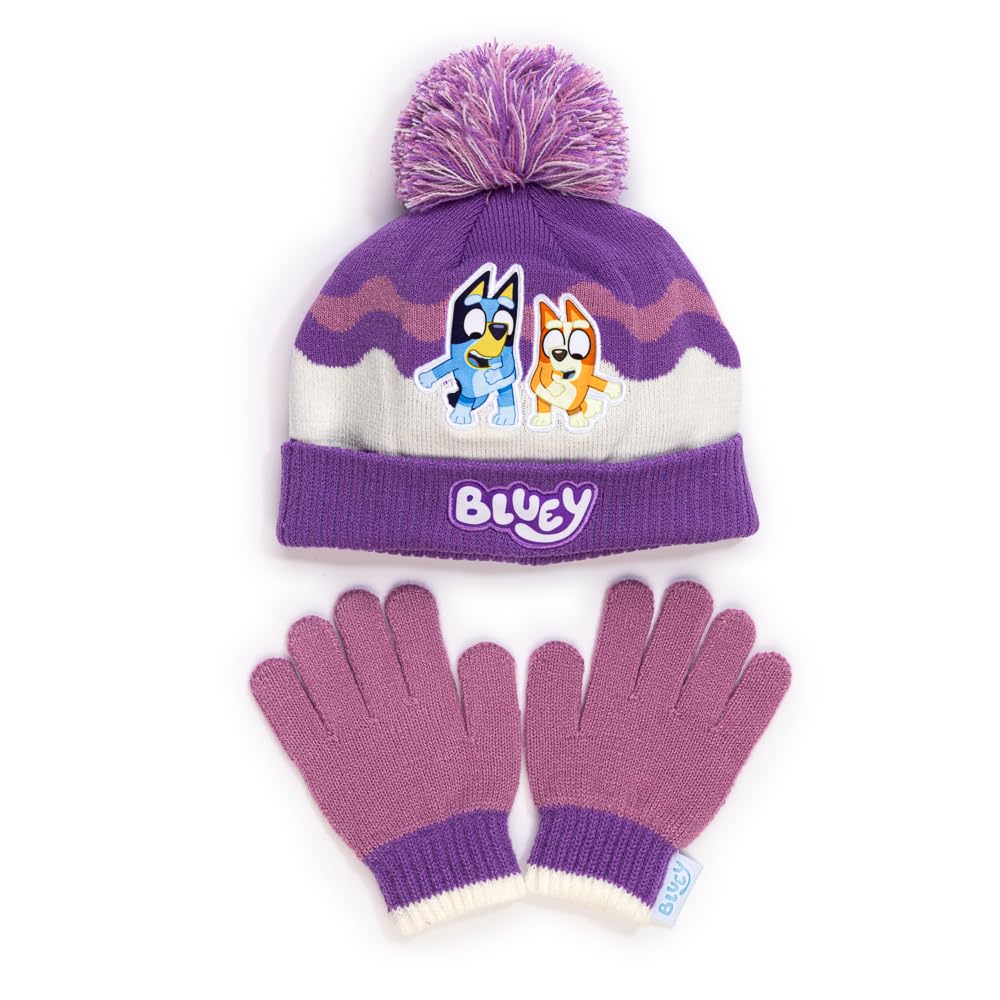 Bluey Girls Winter Hat and Gloves Set – Toddler Beanie with Pom Pom and Matching Knit Gloves – Official and Bingo Cartoon Accessories – One Size, 100% Acrylic