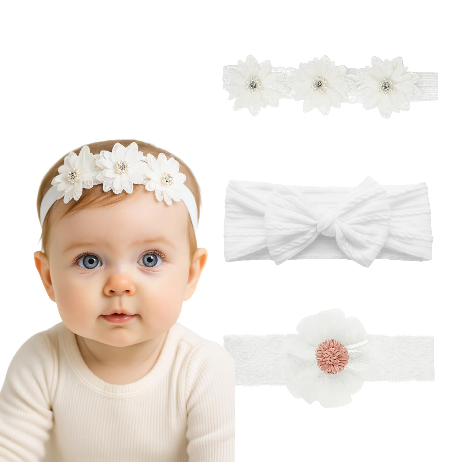 annacreations ANNA CREATIONS Baby Headbands – Soft Flower & Bow Shape Hair Bands for Baby Girls & Boys – Comfortable Elastic Patti Hair Accessories for Infants, Newborns & Toddlers Pack of 3 Pcs-picture-11