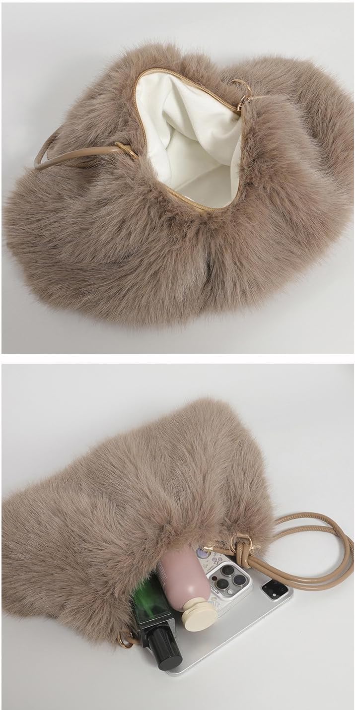 Ulisty Women Small Faux Fox Fur Hobo Bag Furry Underarm Bag Plush Shoulder Bag Fashion Purse Handbag - Image 7