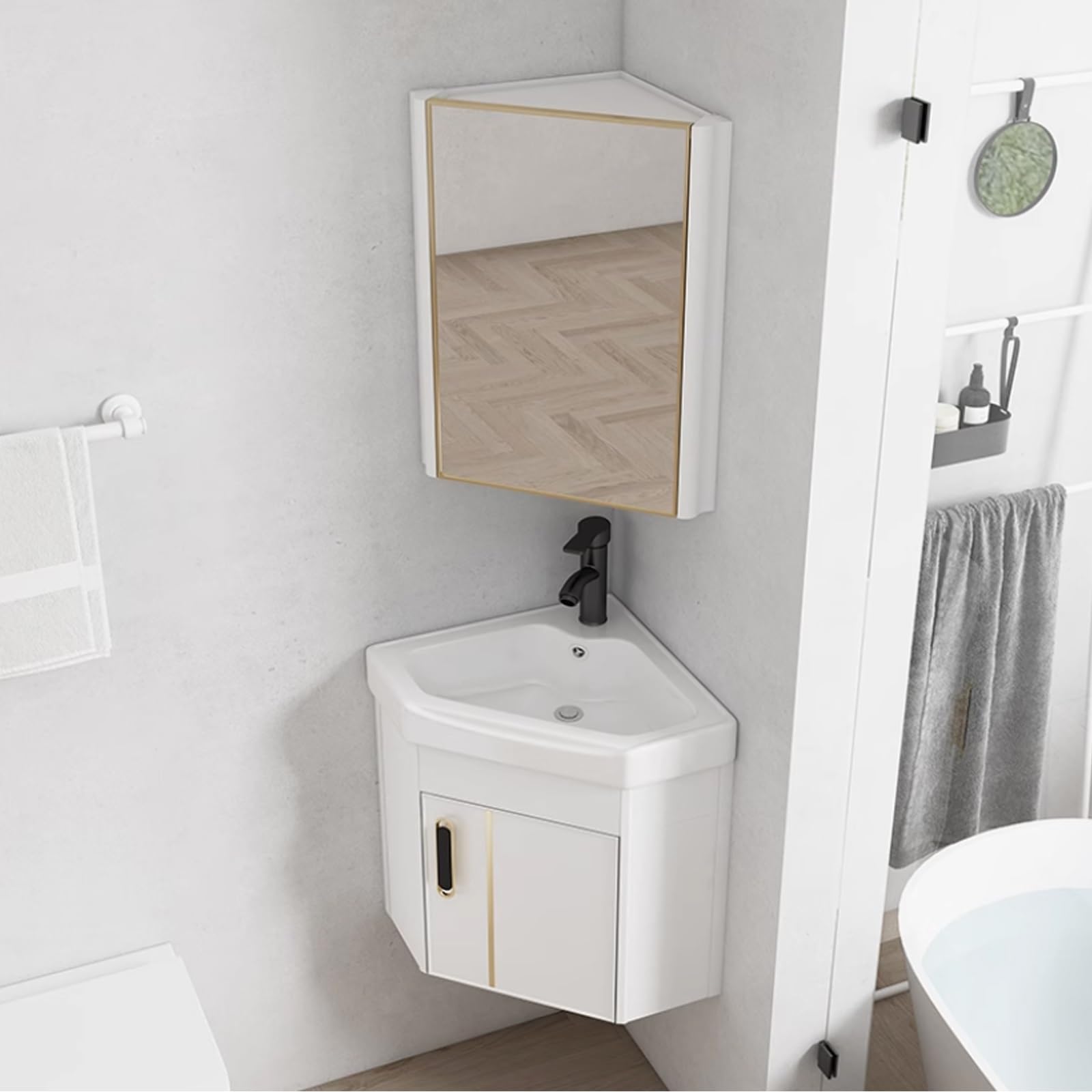 Eckwaschbecken-Set Waschbecken Waschtisch Badezimmer Mini Waschbecken Schrank Mit Spiegel Keramik Eckwaschbecken Waschtisch Gäste WC Waschbecken Wandmontage Mit Überlauf
