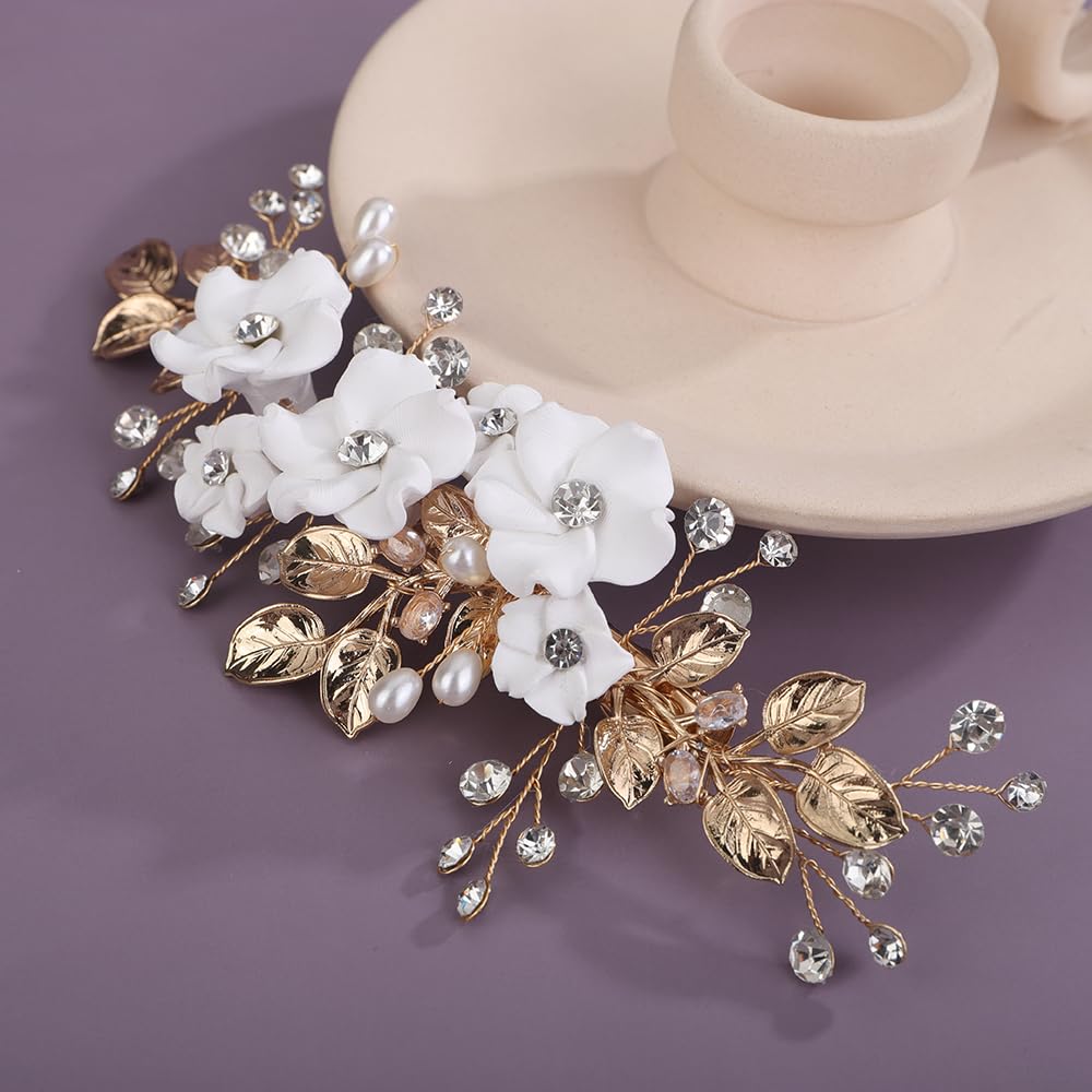 Teyglen Flower Bride Wedding Hair Clips Golden Leaf Crystal Hair Piece Rhinestone Bridal Hair Barrette Hair Accessories for Women Floral Headpiece (Gold)