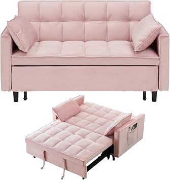 3 in 1 Convertible Sleeper Sofa Bed, Velvet Loveseat Futon Pull-Out Couch with Adjustable Reclining Backrest, Side Pockets and Pillows for Living Room, Bedroom, Apartment, Small Spaces Pink-Velvet