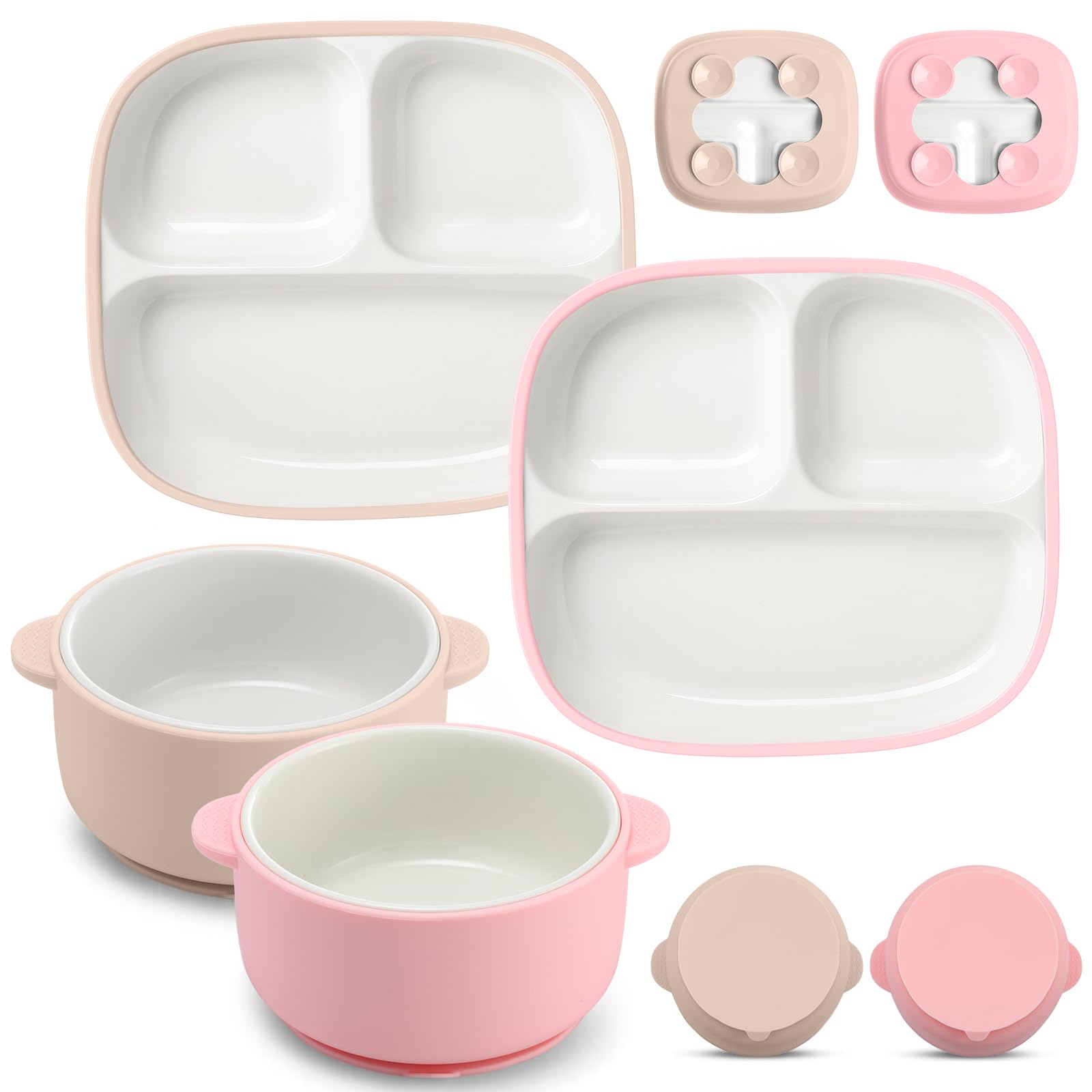 Domensi 4 Pcs Square Porcelain Kid Suction Plate and Bowl,Pink, Beige