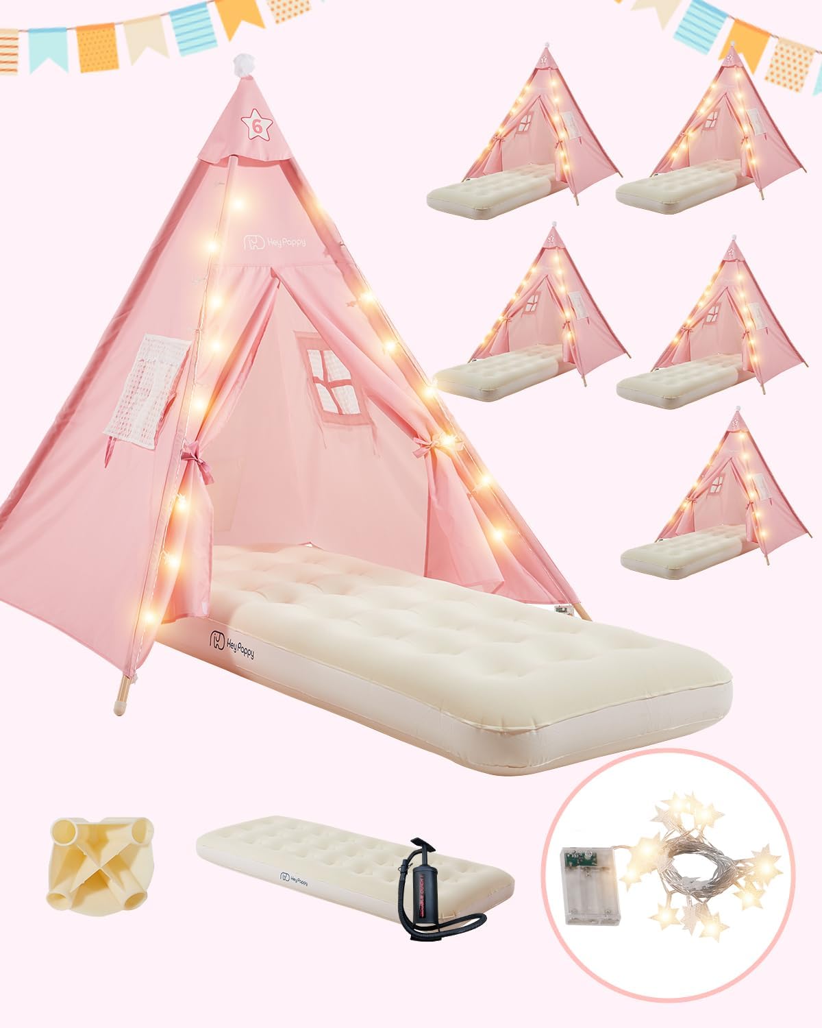 6 Pack Teepee Tent for Kids with Inflatable Airbed, Light, Toddler Tent Children Room Tent, Slumber Party Sleepover Tents, Indoor Outdoor Kids Play Tent Playhouse for Girls & Boys Pink