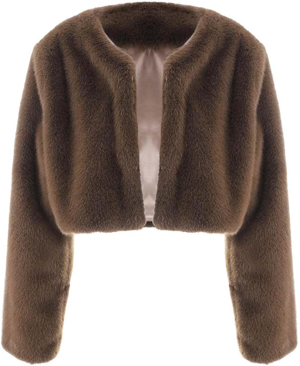 JAKAWIN Women's Short Faux Fur Jacket Brown Shaggy Coat Jackets - Image 4