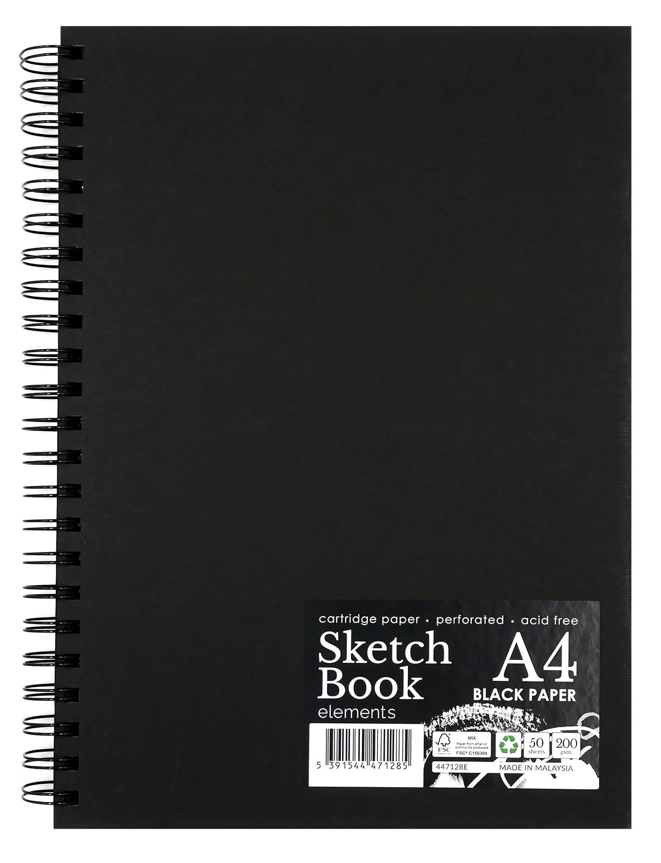 Elements A4 Wire-O Sketch Book, 50 Black Sheets (100 Sides), 200 GSM No Acid Paper