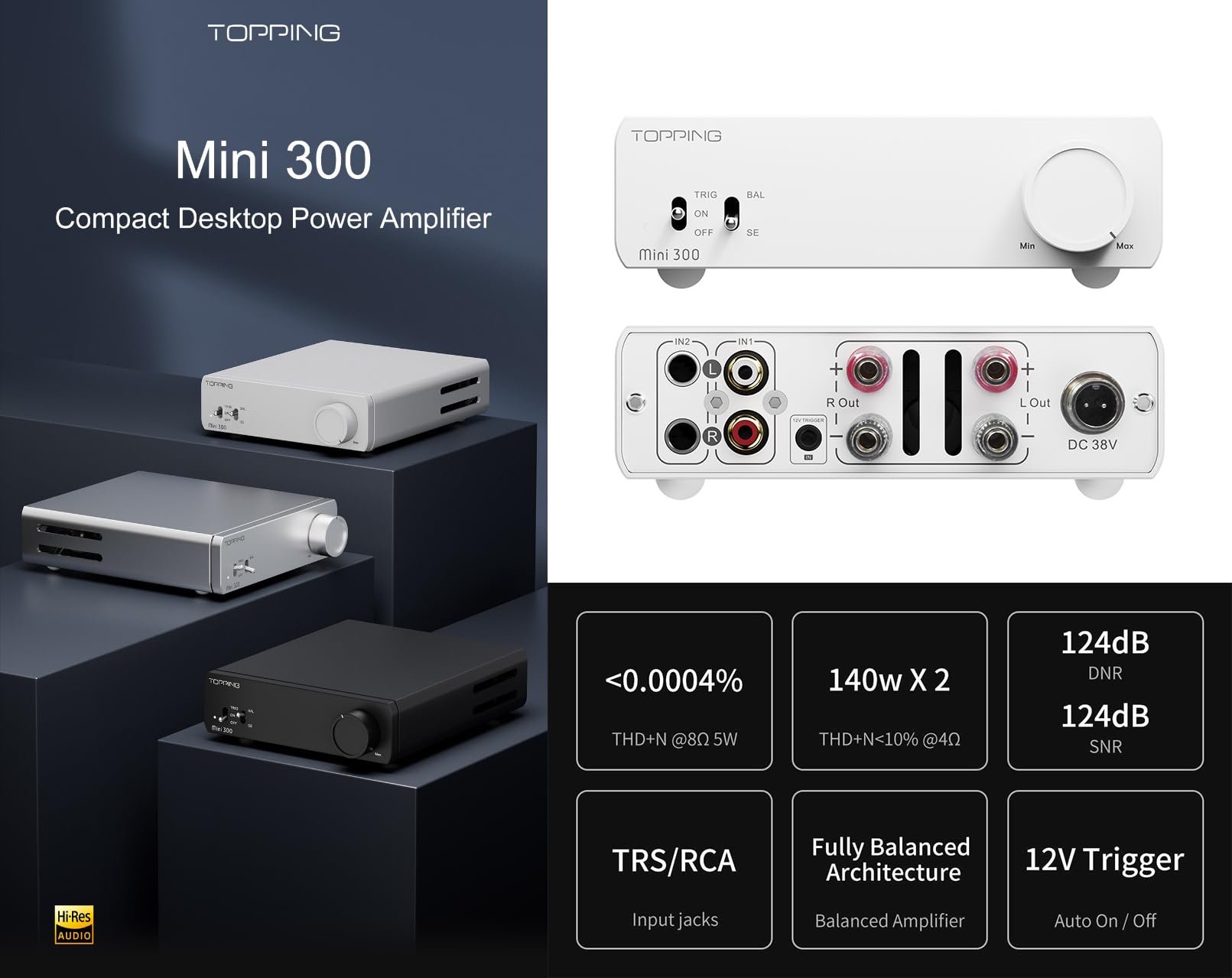 Topping Mini 300 Amplificatore di potenza desktop compatto - Amplificatore di classe D completamente simmetrico, ingresso TRS/RCA 12 V trigger Estremamente bassa distorsione Senza rumore Sicuro e