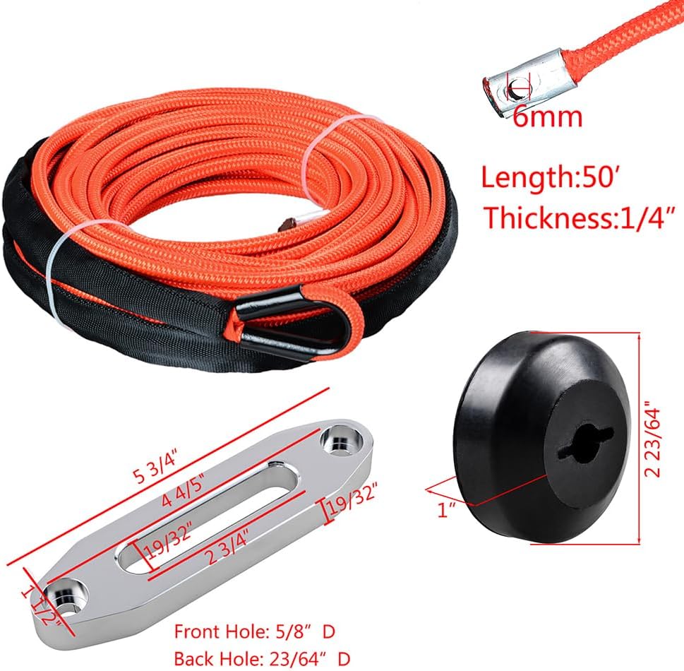 Orange 50ft 1/4 inch Synthetic Winch Rope Recovery Cable Towing 7000LBS + 4 4/5" Chrome CNC Aluminum Hawse Fairlead + Black Rubber Stopper kit Universal fit Car SUV ATV UTV Pickup