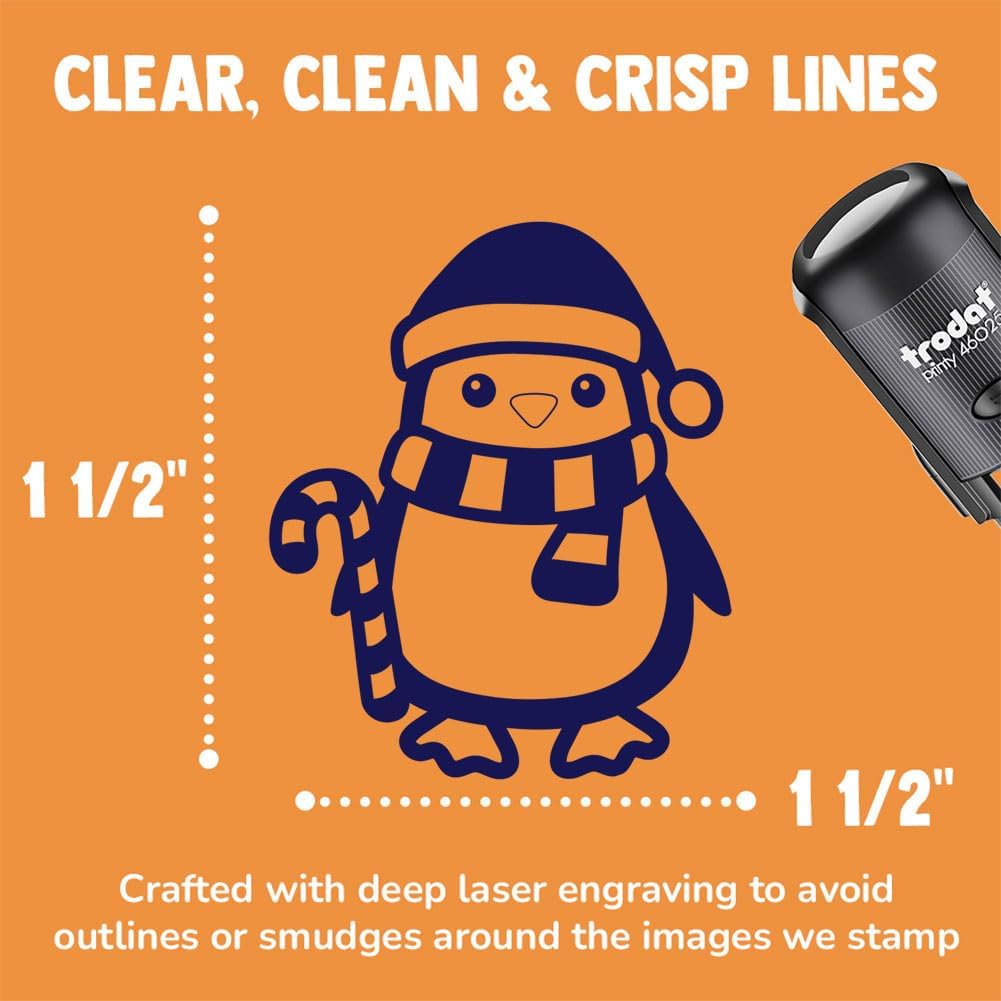 Christmas Penguin with Candy Cane Self-Inking Rubber Stamp Ink Stamper for Stamping Crafting Planners - 1-1/2 Inch Large - Black Ink