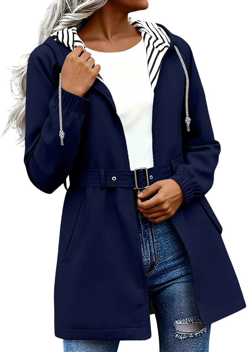 Chaqueta de lluvia para mujer, ligera, con cremallera, impermeable, con cordón y capucha, con cinturón, impermeable, cortavientos