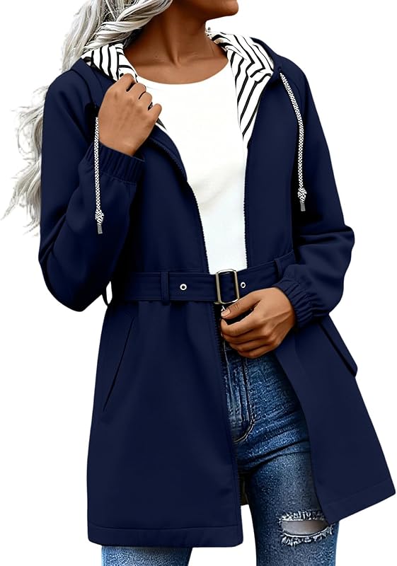campera de lluvia para mujer, ligera, con cremallera, impermeable, con cordón y capucha, con cinturón, impermeable, cortavientos