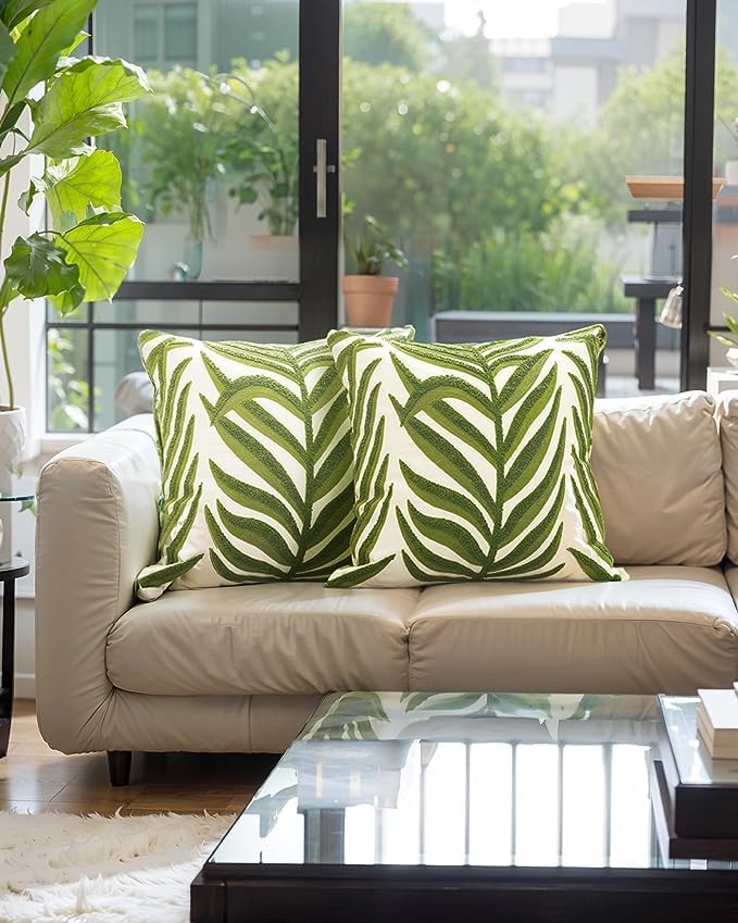 Summoning Pack of 2 Green Leaf Throw Pillow Covers 20x20, Plant Embroidered Pillows Decorative Throw Pillows for Couch Bed Sofa Bedroom