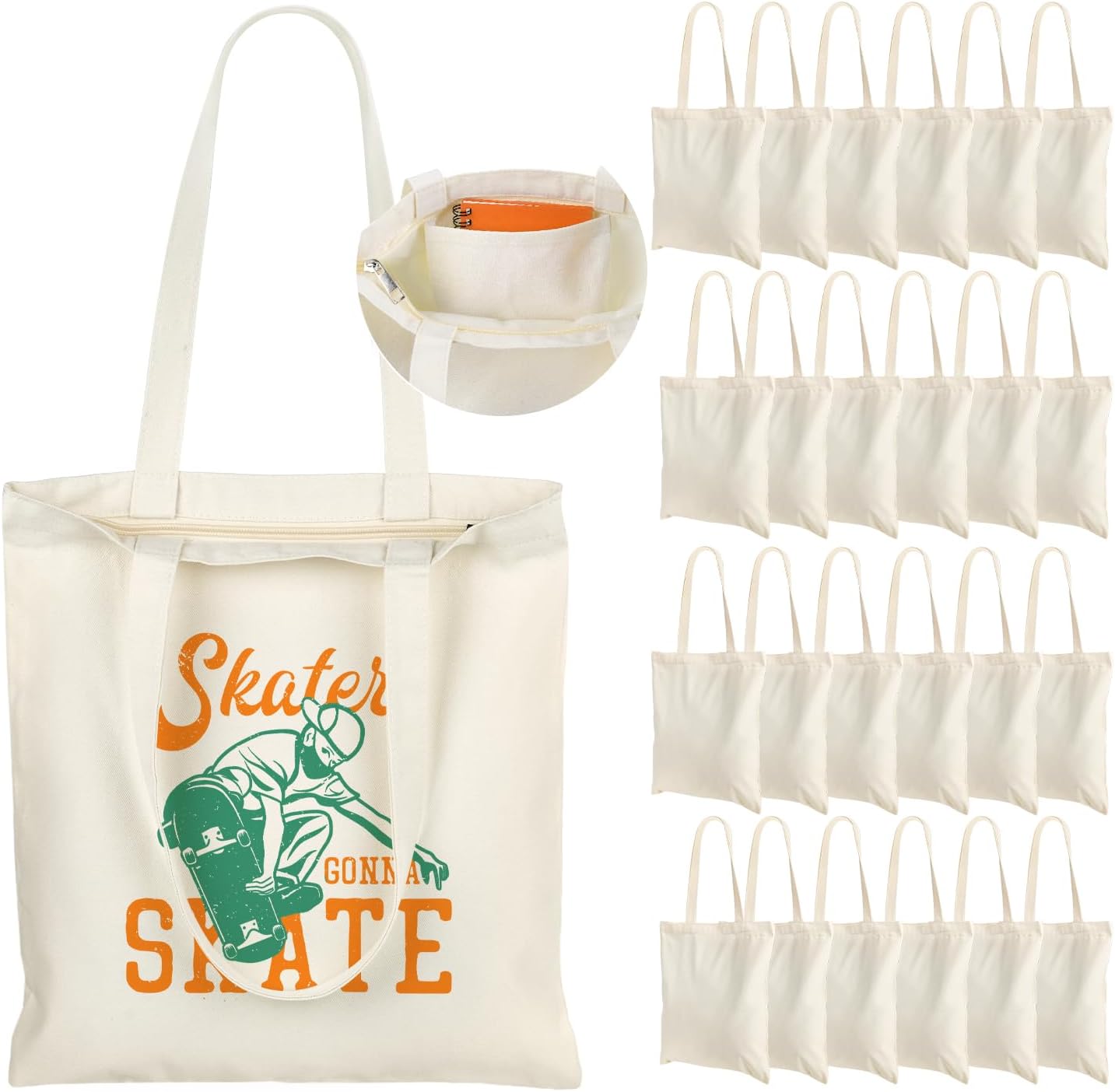 Lzerking Canvas Tote Bag Bulk with Zipper Pocket 24 Pack