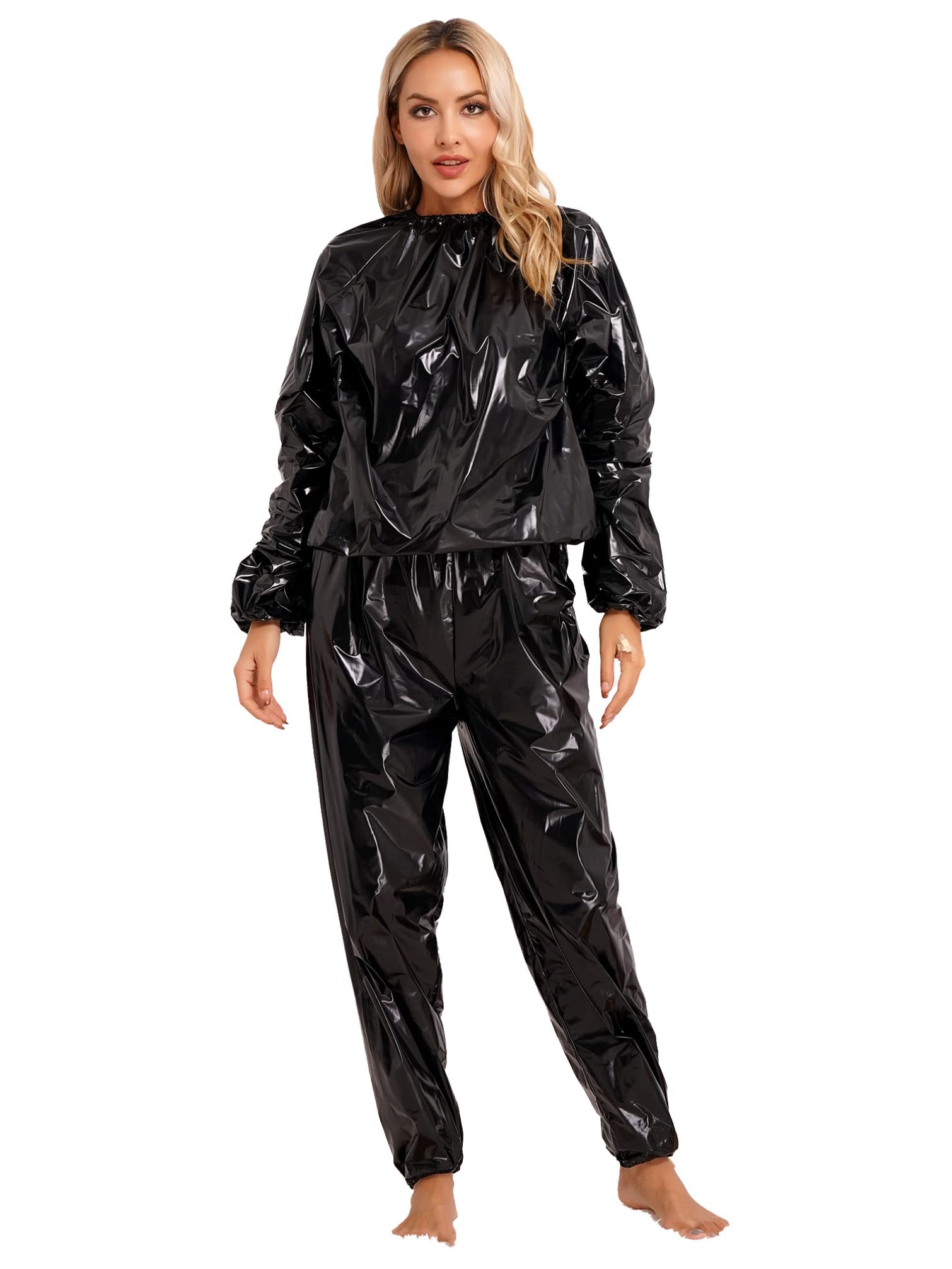 Sywiyi PVC Sauna Suit for Men Women Long Sleeve Elastic Cuff Shirts and Pants Heavy Duty Fitness Weight Loss Sweat Suit Black XL