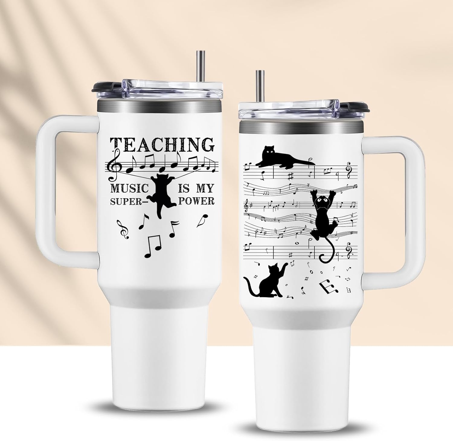 Music Teacher Gifts Insulated Stainless Steel Music Teacher Cup Tumbler with Handle, Funny Musical Note Black Cat Coffee Mugs, Birthday Present for Musical Teachers Appreciation Piano Cat Cup