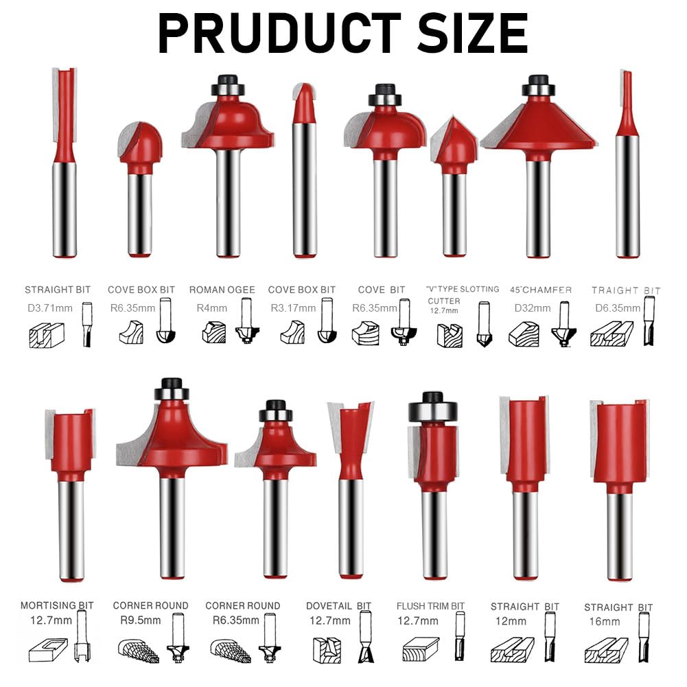 flintronic Fresas Set 15 PCS Cortadores Madera Diámetro Caña Herramienta Fresado Kit Carpintería Caja Madera 6.35mm