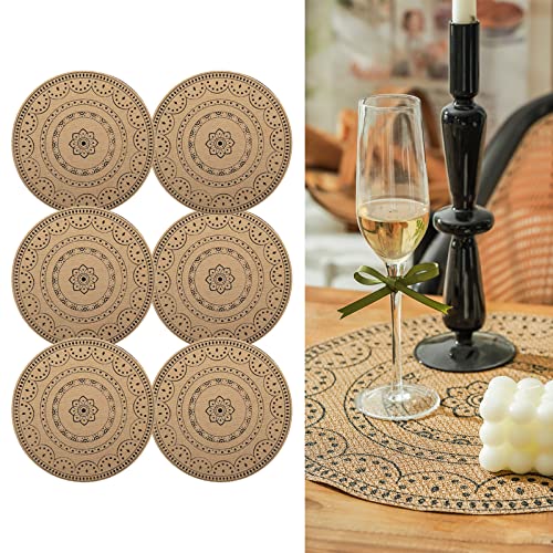 CcHhyyt Set of 6 Boho Round Placemats, Washable, Heat Resistant, PVC, Outdoor, Jute, Retro, Vintage, Waterproof
