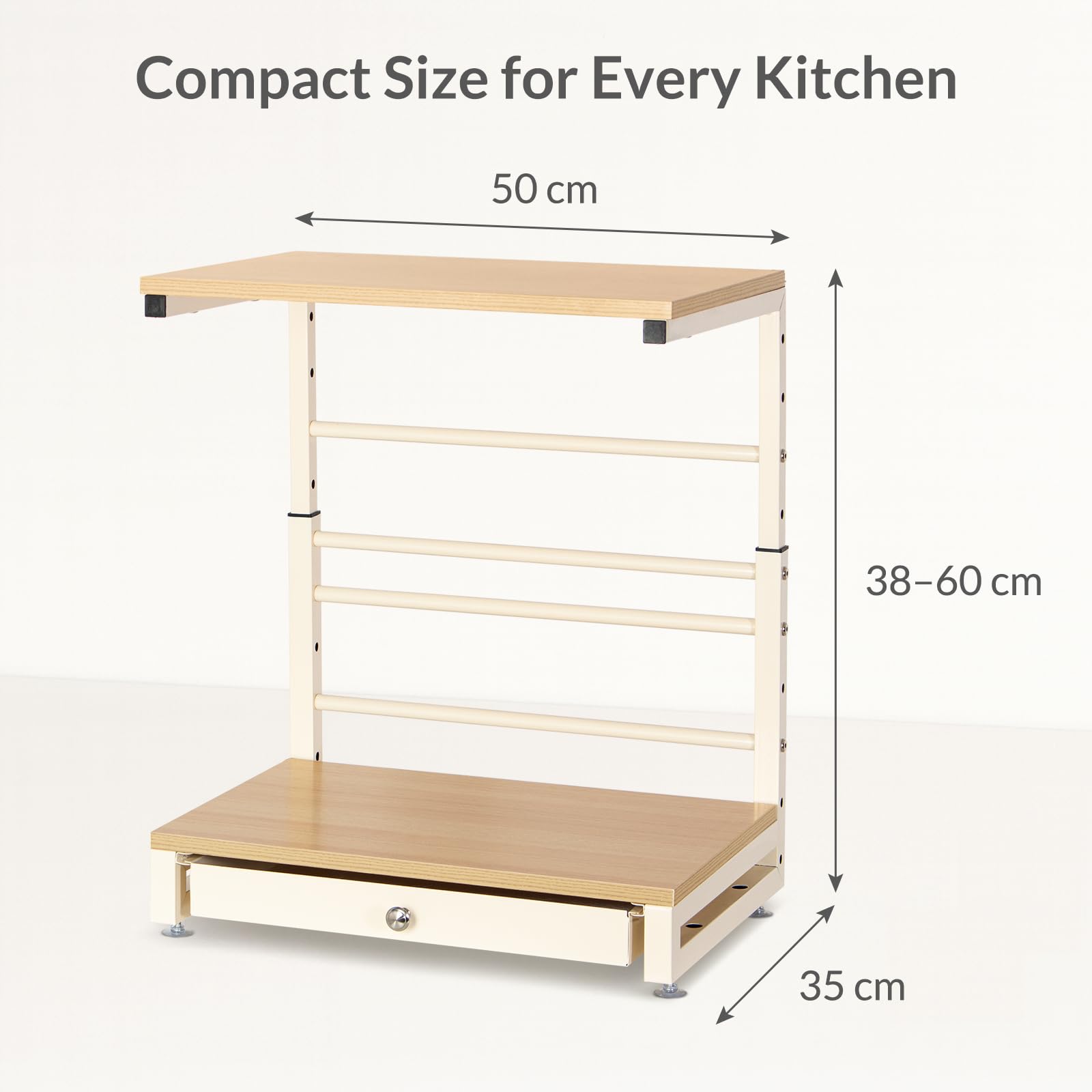 Todeco Verstellbares Mikrowellenregal, Mikrowellen Küchenregal Organizer | cremeweiß 2 stufiges mit Schublade, Platzsparendes Küchenregal, individuell höhenverstellbar 35–62 cm