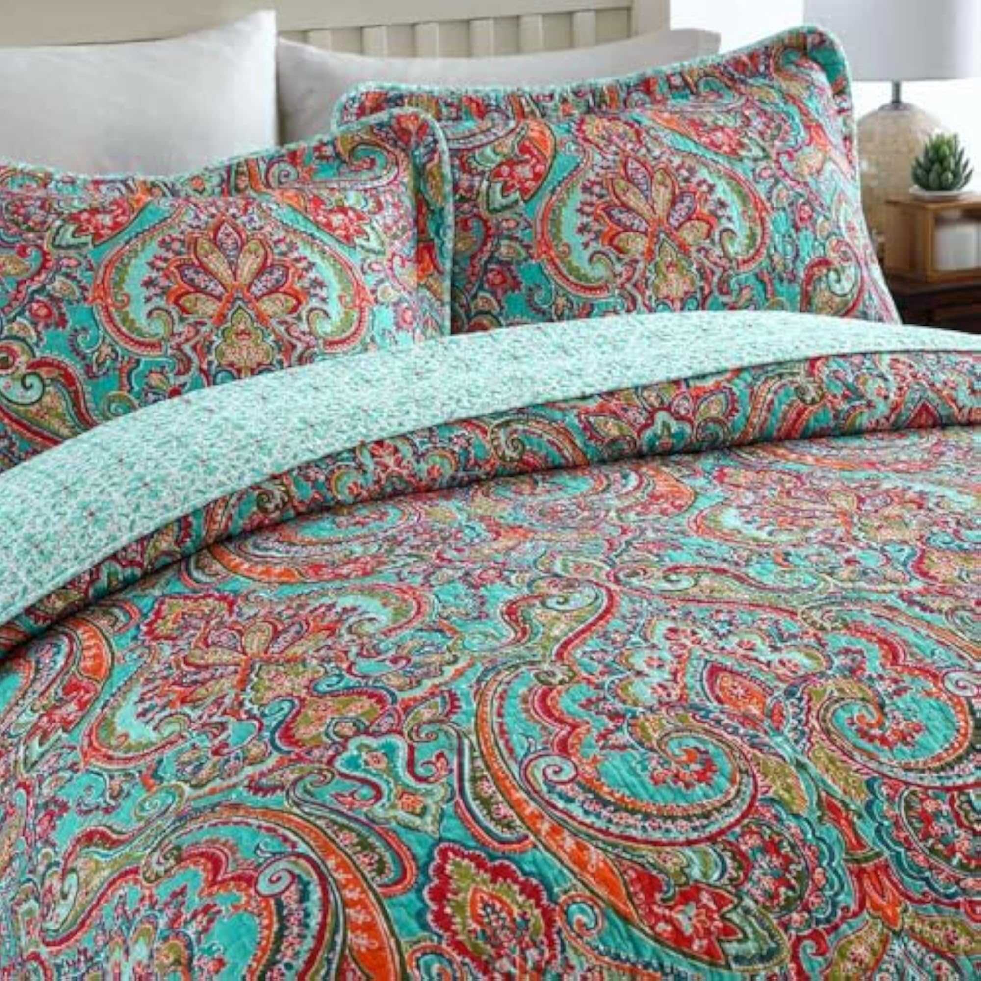 Cotton Reversible Patchwork Quilt Set, Floral Pattern, Queen Size