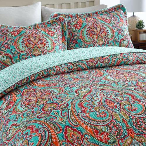 NEWLAKE Cotton Bedspread Quilt Sets-Reversible Patchwork Coverlet Set, European Gorgeous Floral Pattern, King Size