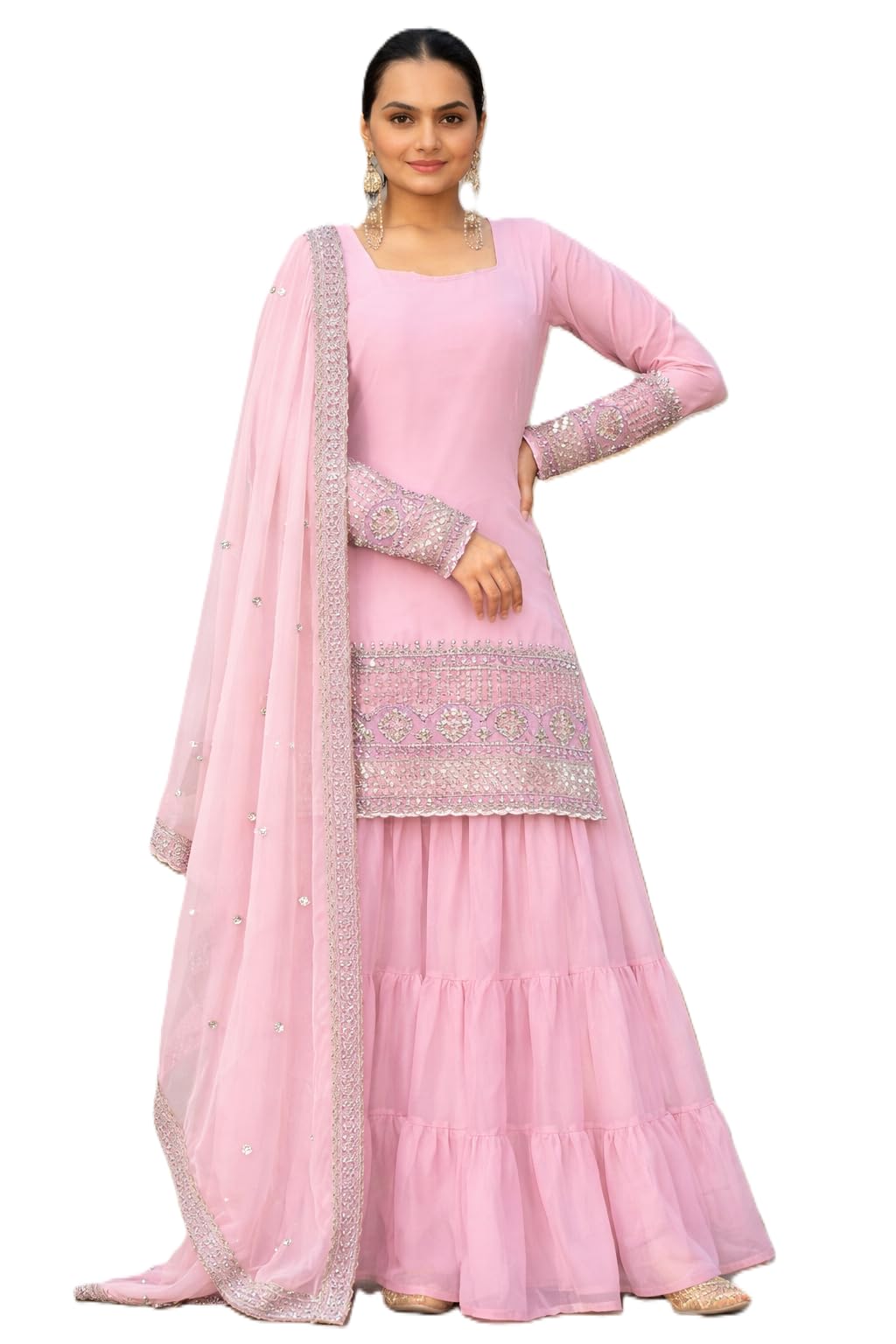 fesqvi Women’s Georgette Sharara Suit Set with Heavy Embroidered Kurta, Dupatta & Palazzo | Festive, Wedding & Party Indian Ethnic Outfit-picture-25