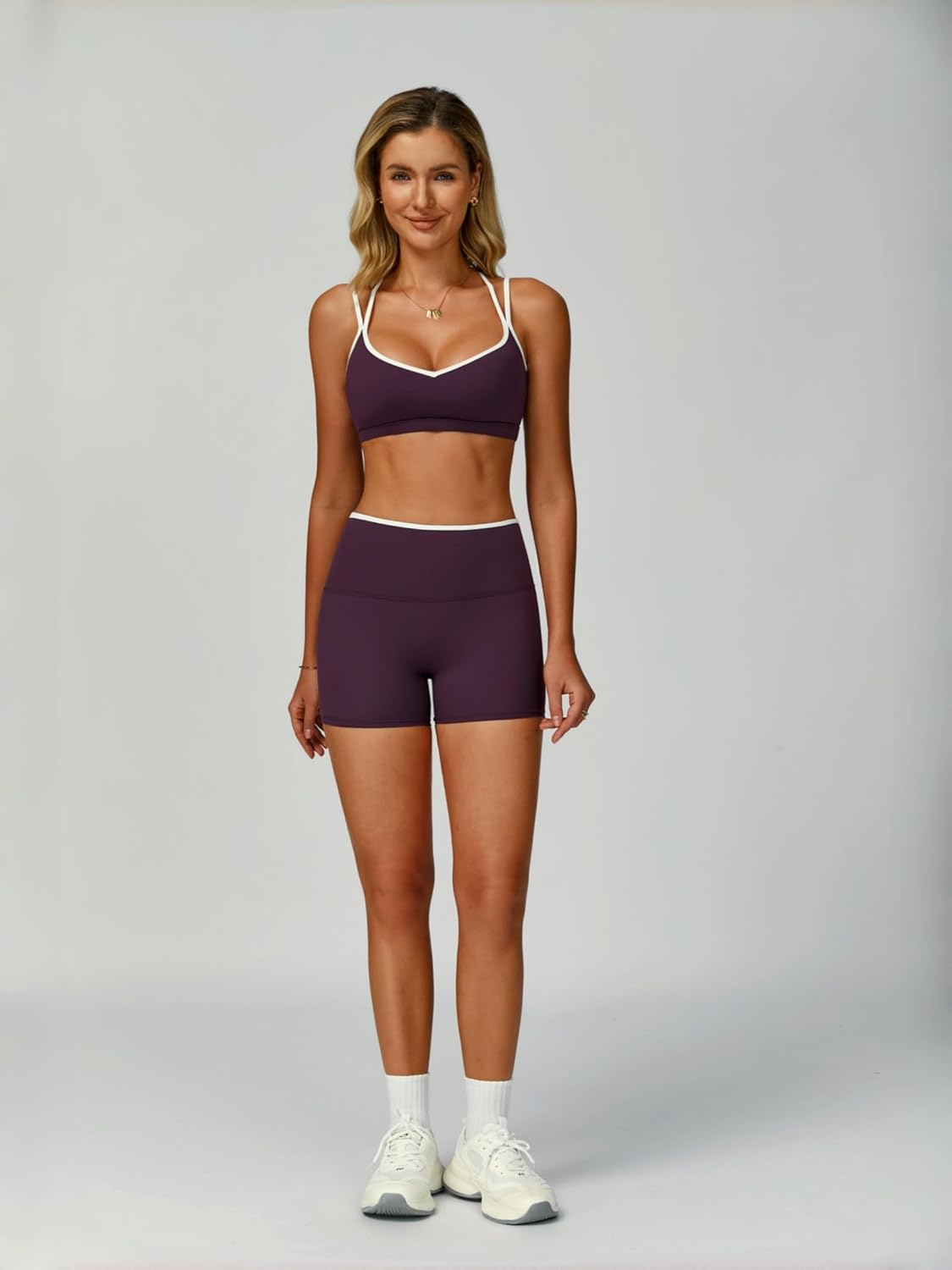 ABOCIW Workout Sets for Women 2 Piece Color Block Strappy Sports Bra High Waist Shorts Gym Yoga Pilates Outfits - Image 4