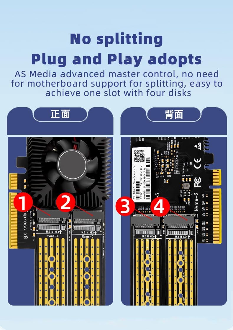 JMT 4-Port Array NVMe Expansion Card M.2 Solid State Drive to PCI-E 3.0 X4/X8 Adapter 4Bay Split Free Support for NVMe?Hard Disk?2230/2242 / 2260/2280 / 22110 (32GT)